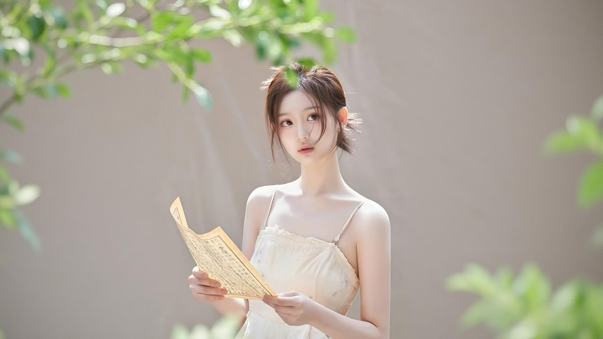 绿植背景 气质清纯美女 连衣裙 电脑壁纸,第1张