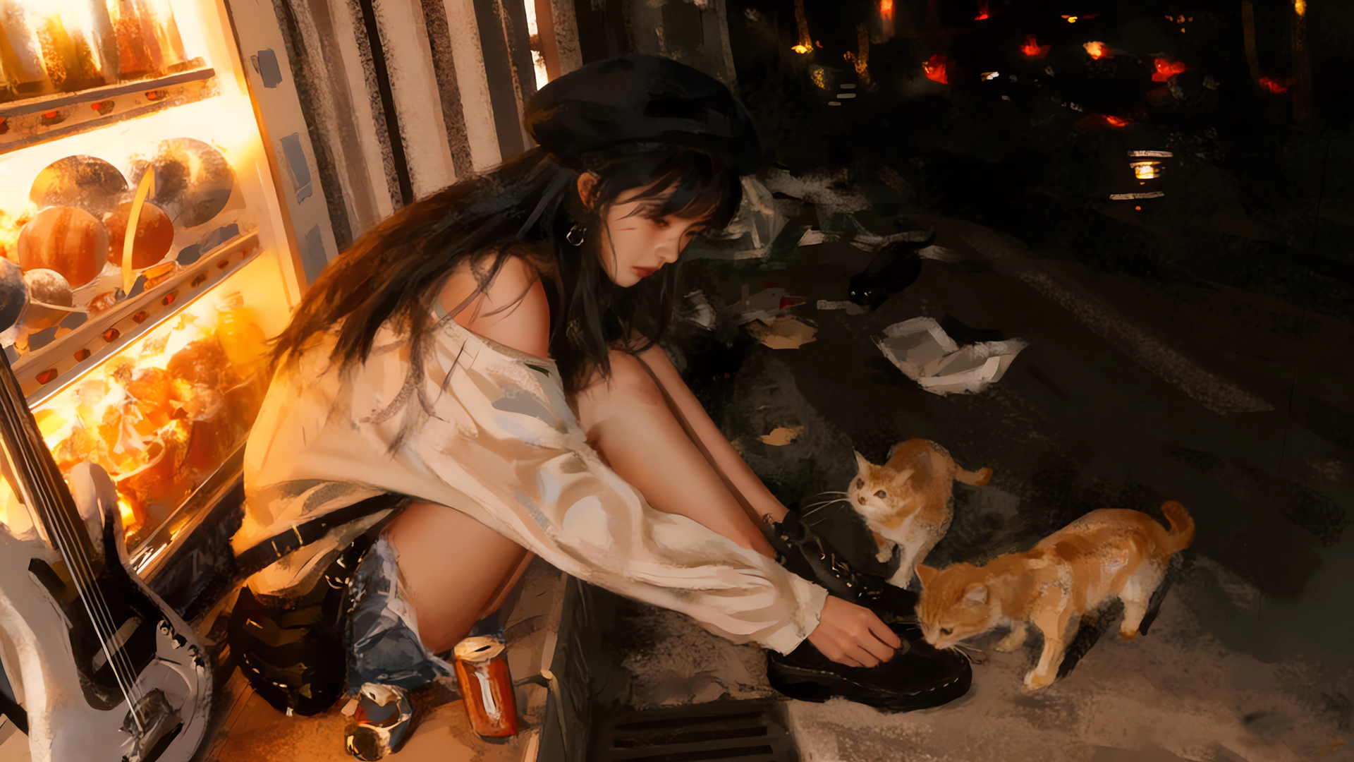 晚上 少女 帽子 流浪猫 电脑壁纸,第1张