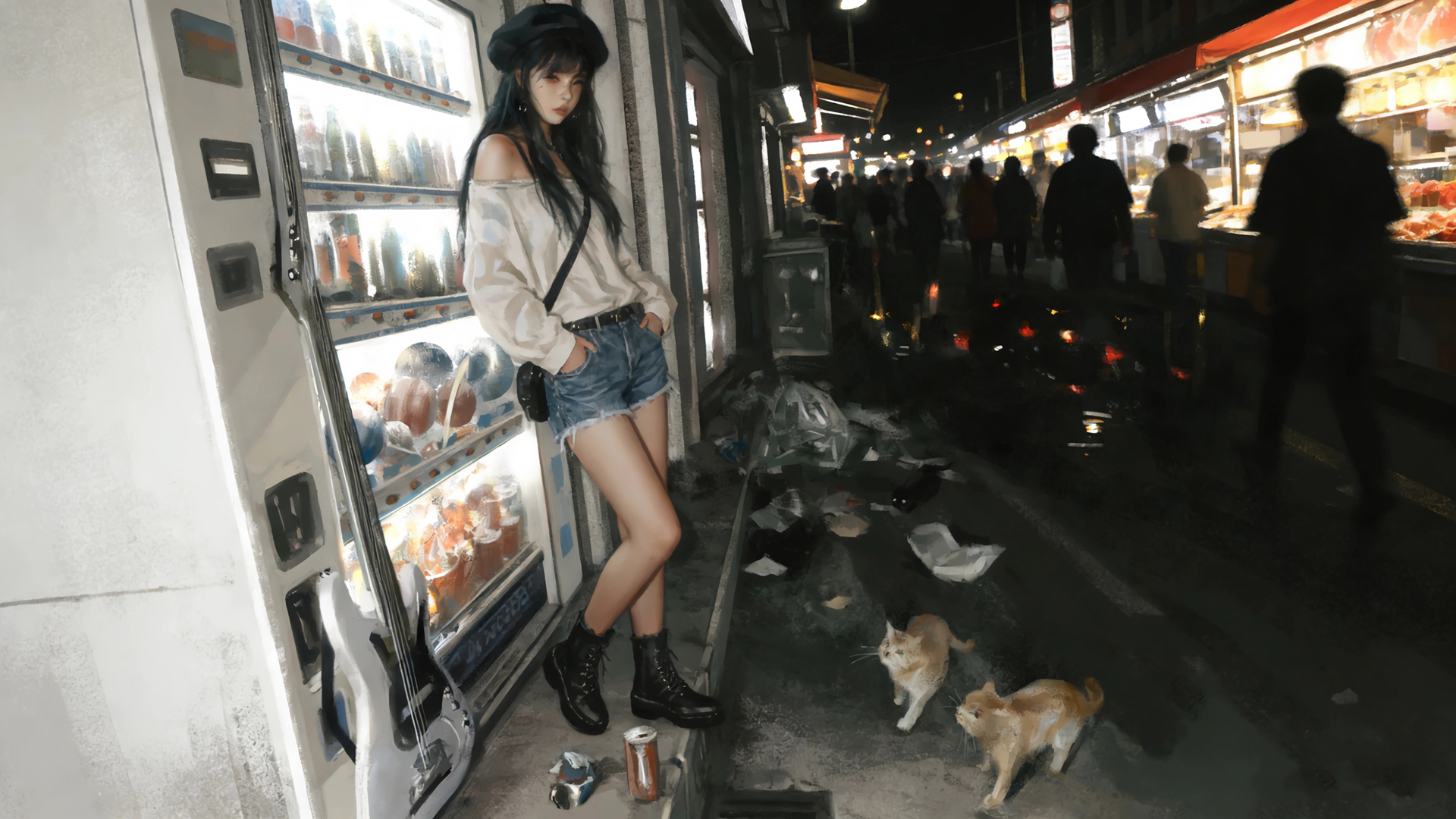 夜晚 美食街 女孩 帽子 动漫壁纸,第1张