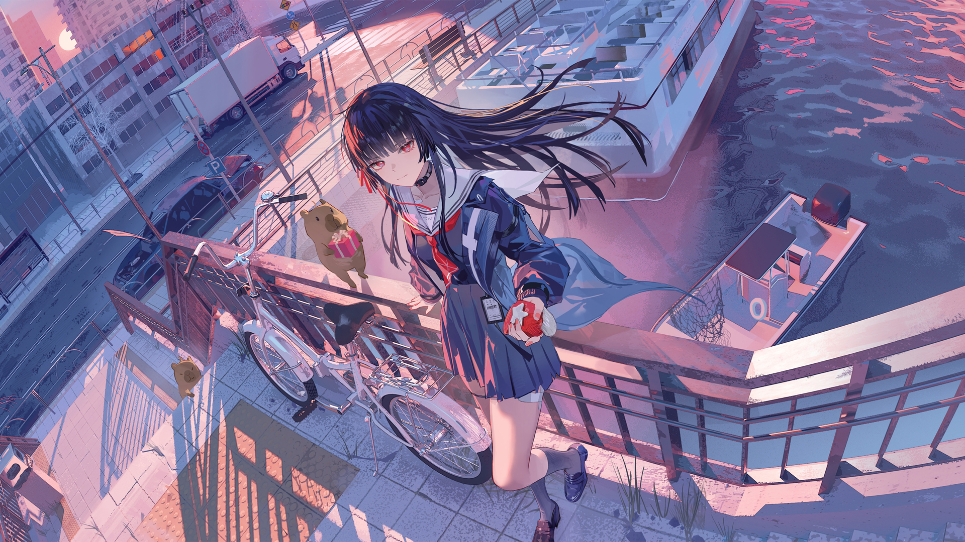 鸣潮长发女孩 齐刘海 站立 围栏 单车 游戏电脑壁纸,第1张