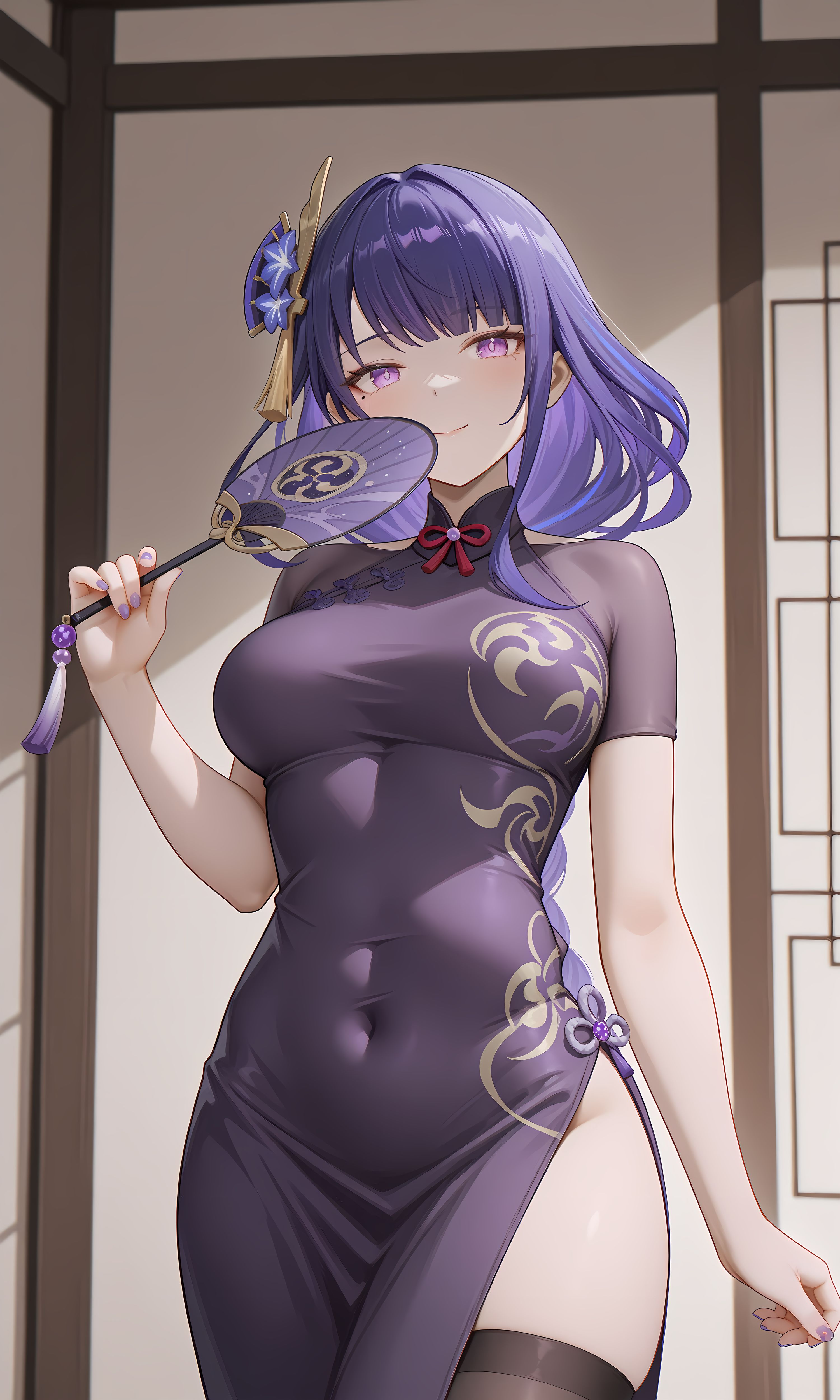 原神雷电将军旗袍专辑 二次元游戏手机壁纸锁屏 黑丝袜过膝袜,第2张