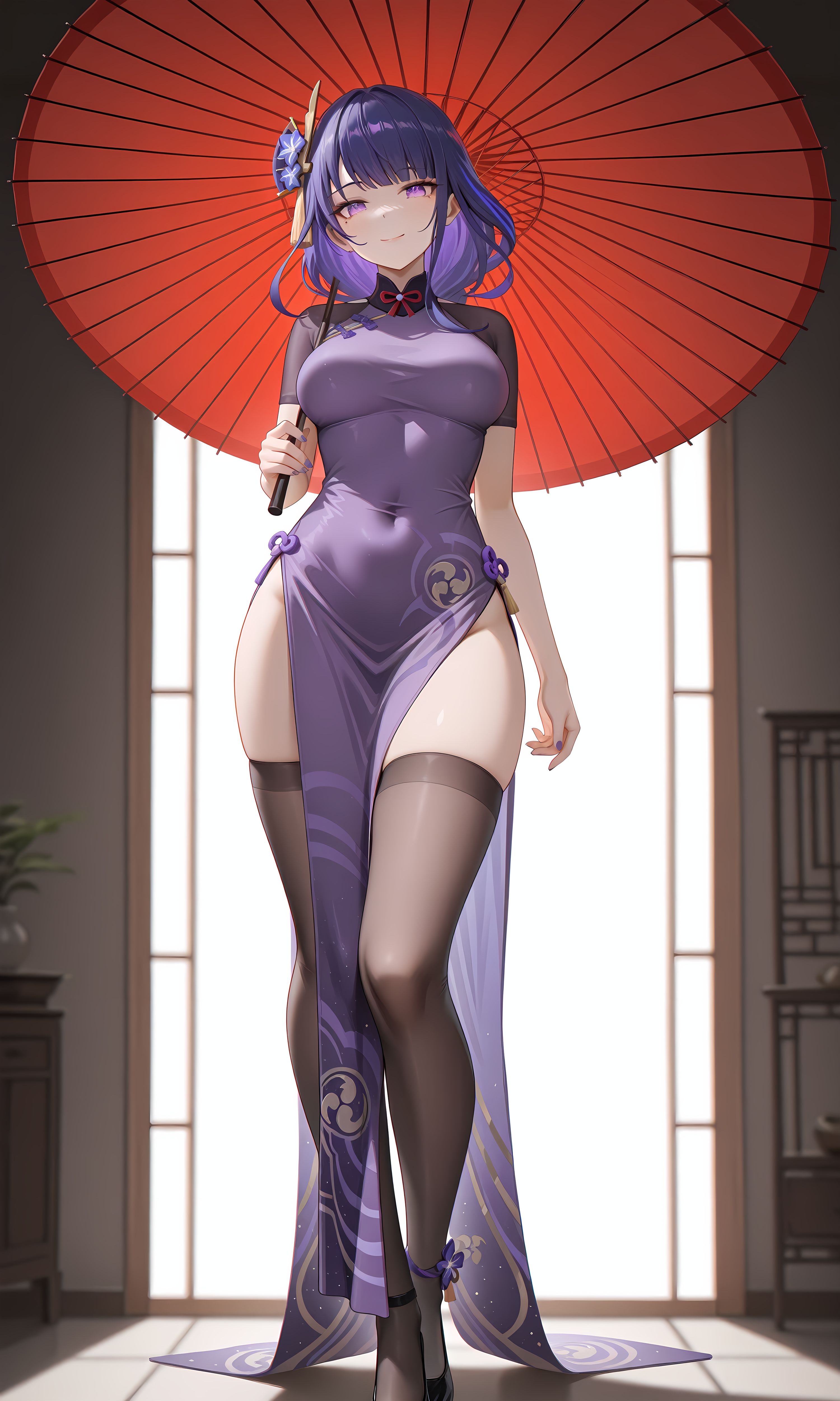 原神雷电将军旗袍专辑 二次元游戏手机壁纸锁屏 黑丝袜过膝袜,第3张