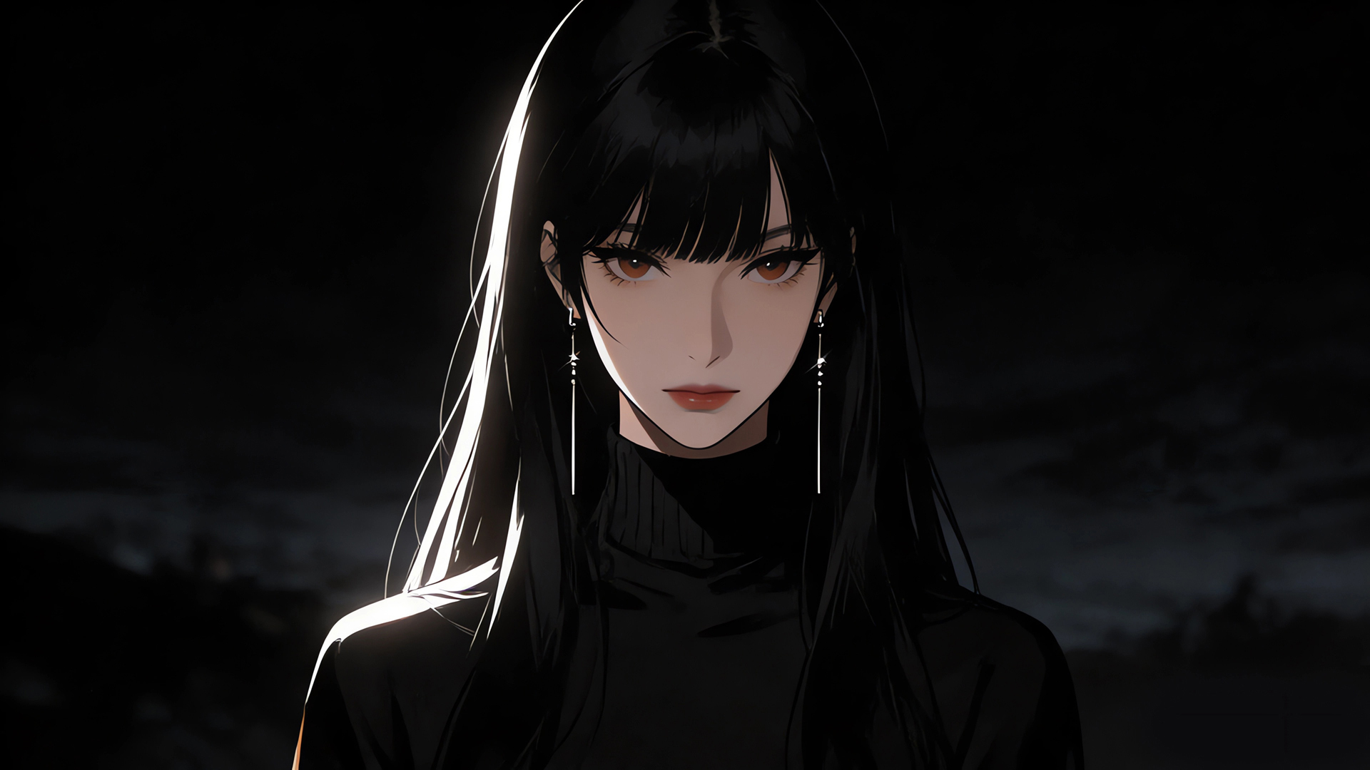 黑色长发动漫美女 高冷气质 暗黑 桌面壁纸高清全屏,第1张