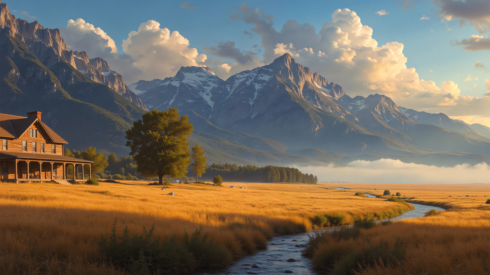 小河边的田野风景桌面壁纸,第1张