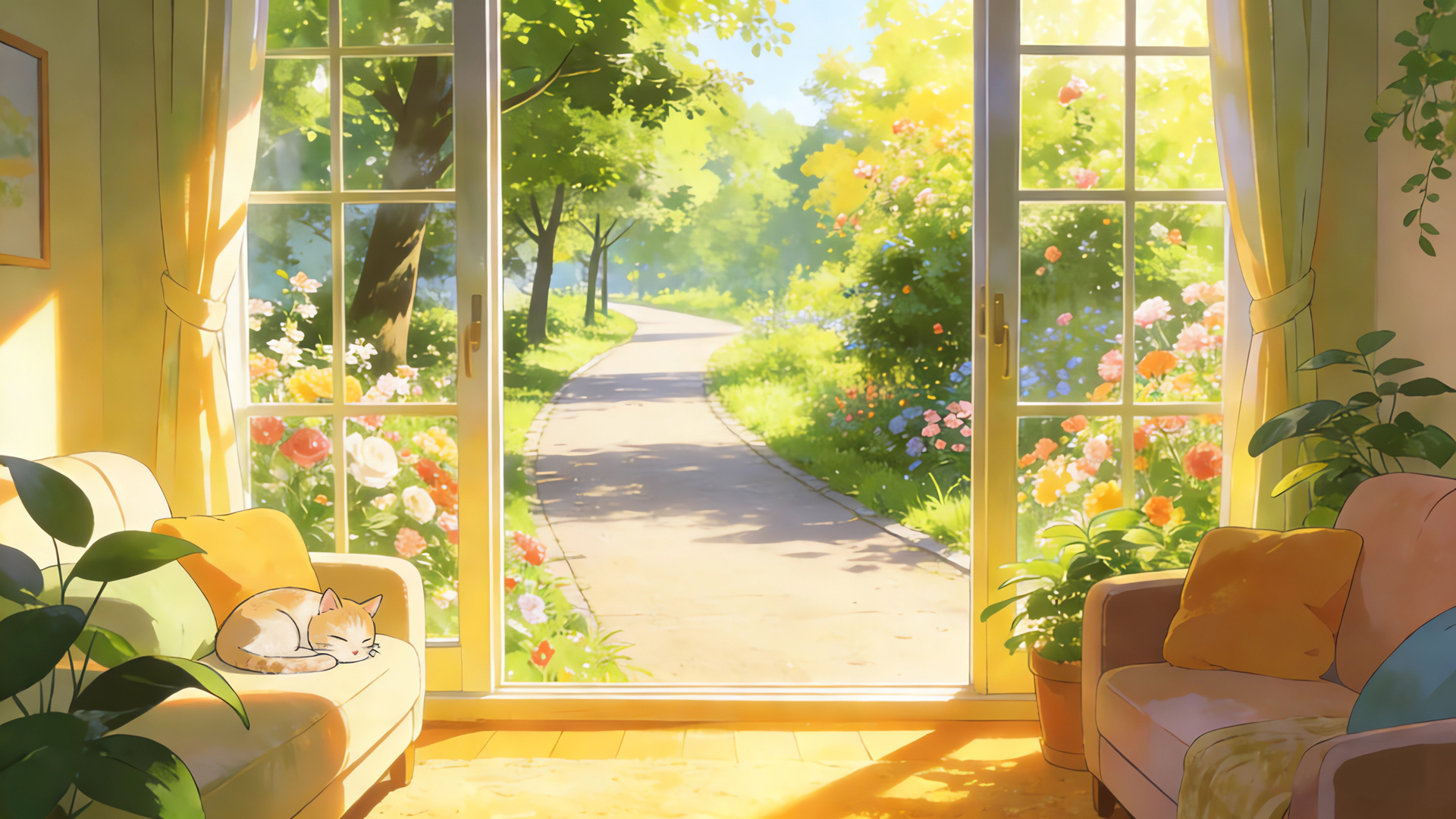 温馨的家 沙发 猫 花园小道 鲜花 树林 绘画风景桌面壁纸,第1张