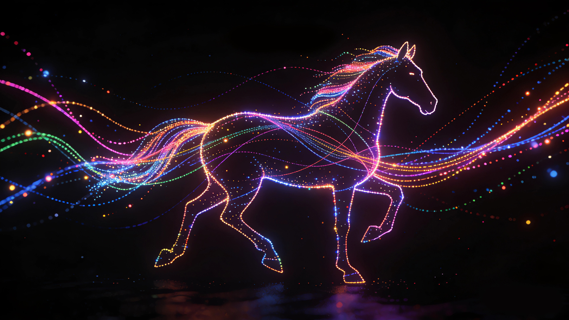 闪烁彩色光点骏马 极简 黑色背景 电脑壁纸,第1张