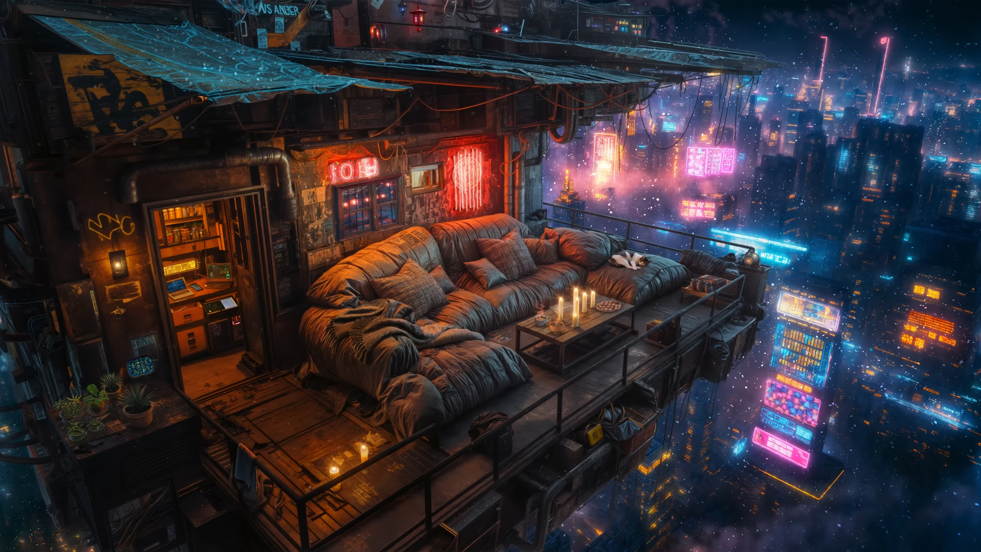 迷幻赛博朋克城市 高层空中露台 桌面壁纸,第1张