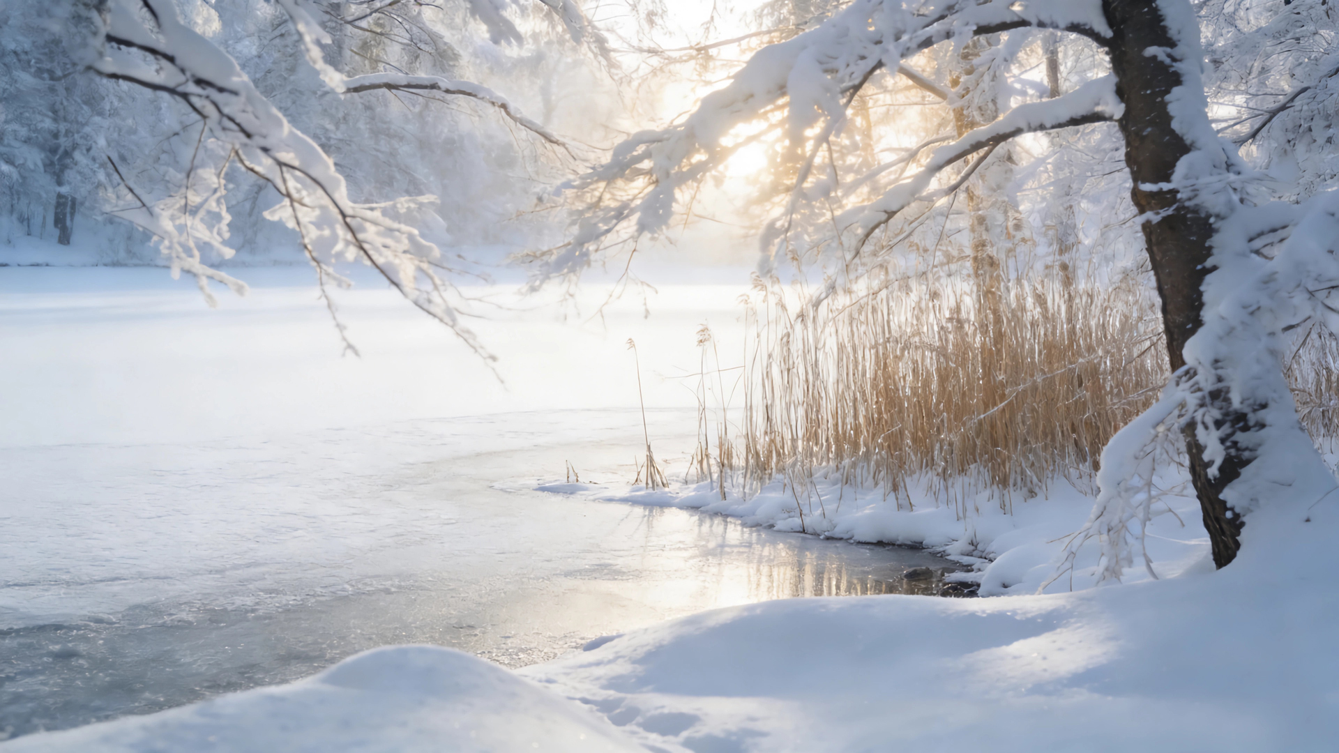 冬季大雪 湖面 树林 厚厚的雪景风景桌面壁纸,第1张