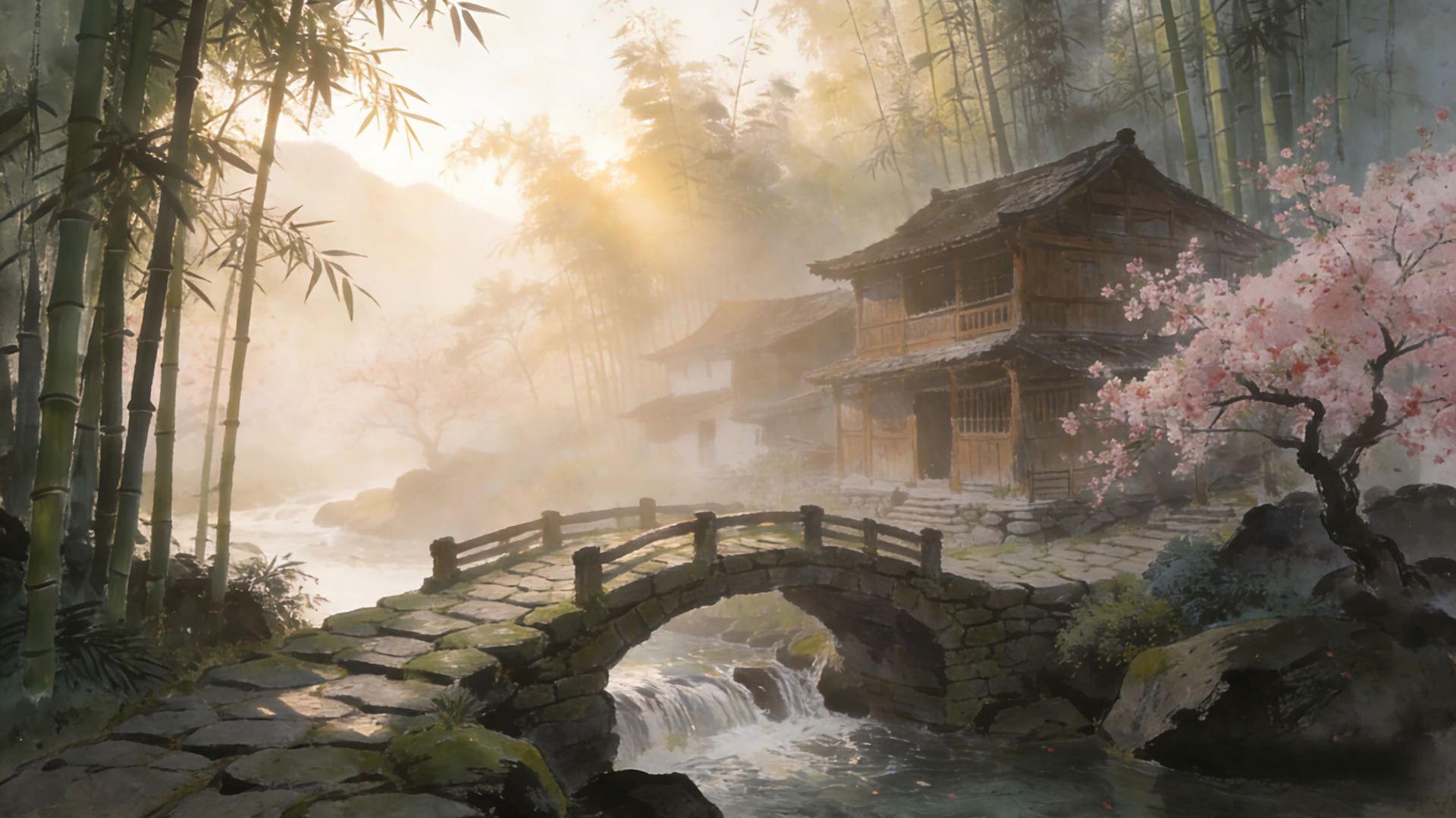 世外桃园 水墨风 竹林 小桥流水 木屋 桃花 风景桌面壁纸,第1张