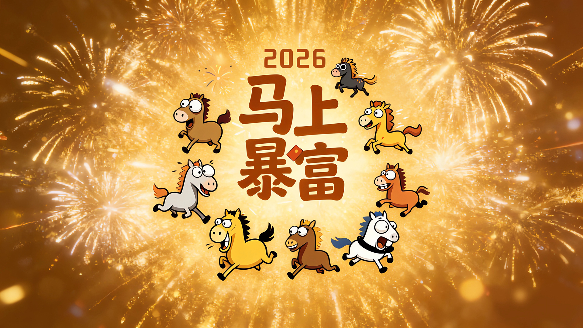 2026马上暴富 小马 烟花喜庆背景桌面壁纸,第1张