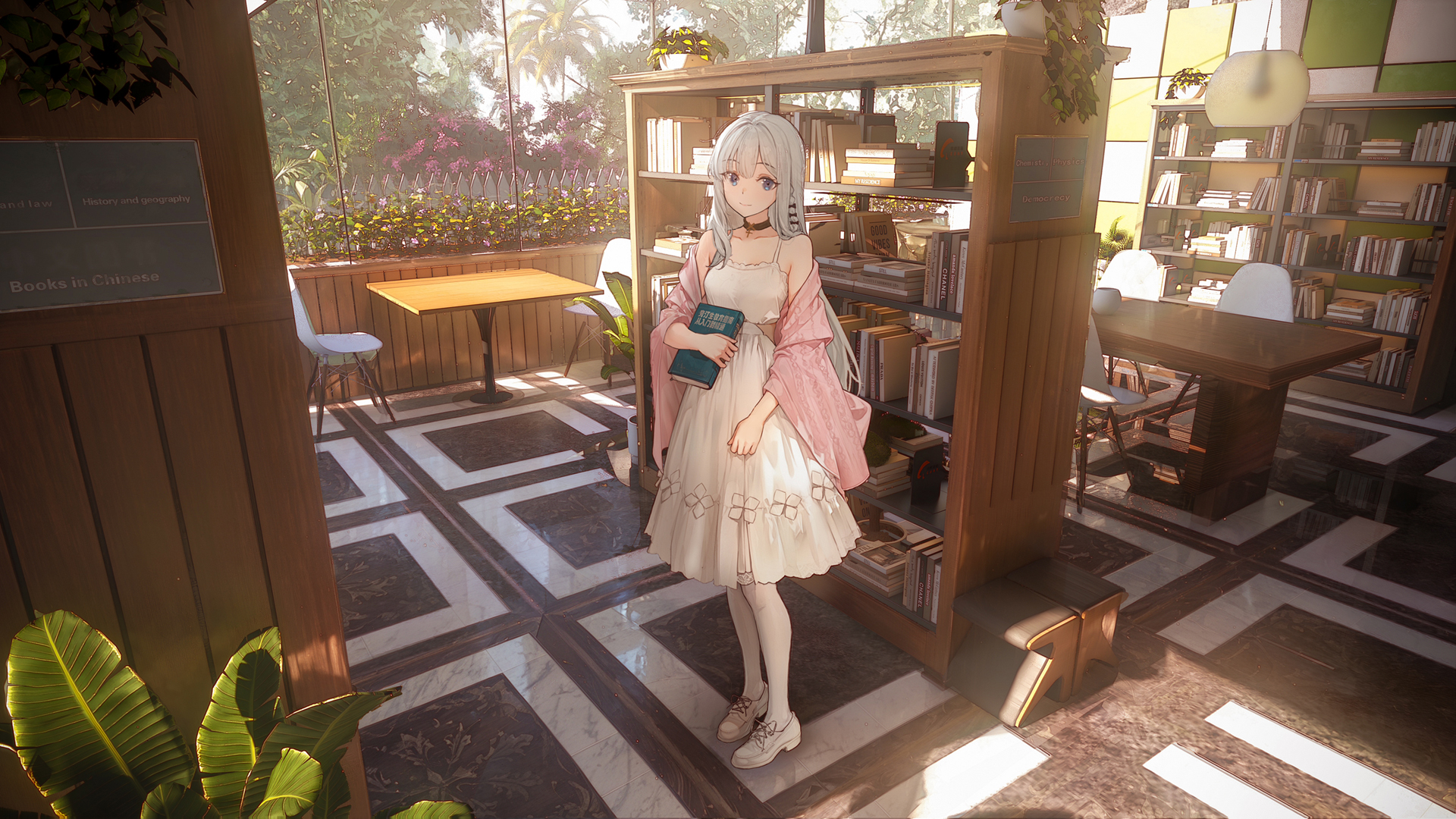 图书馆 可爱小女孩 白色裙子 动漫电脑壁纸,第1张 图书馆 可爱小女孩 白色裙子 动漫电脑壁纸,第1张
