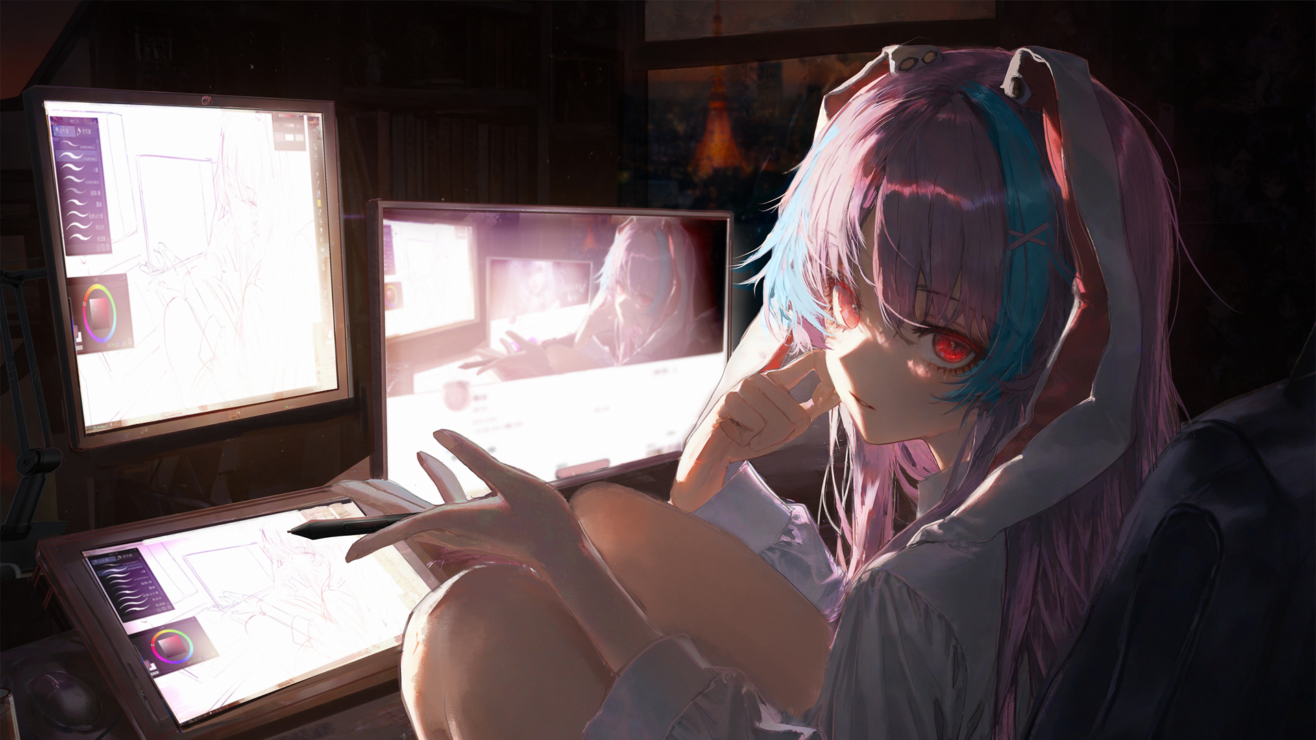 女画师 椅子坐着 兔子耳朵 绘画 动漫电脑壁纸,第1张