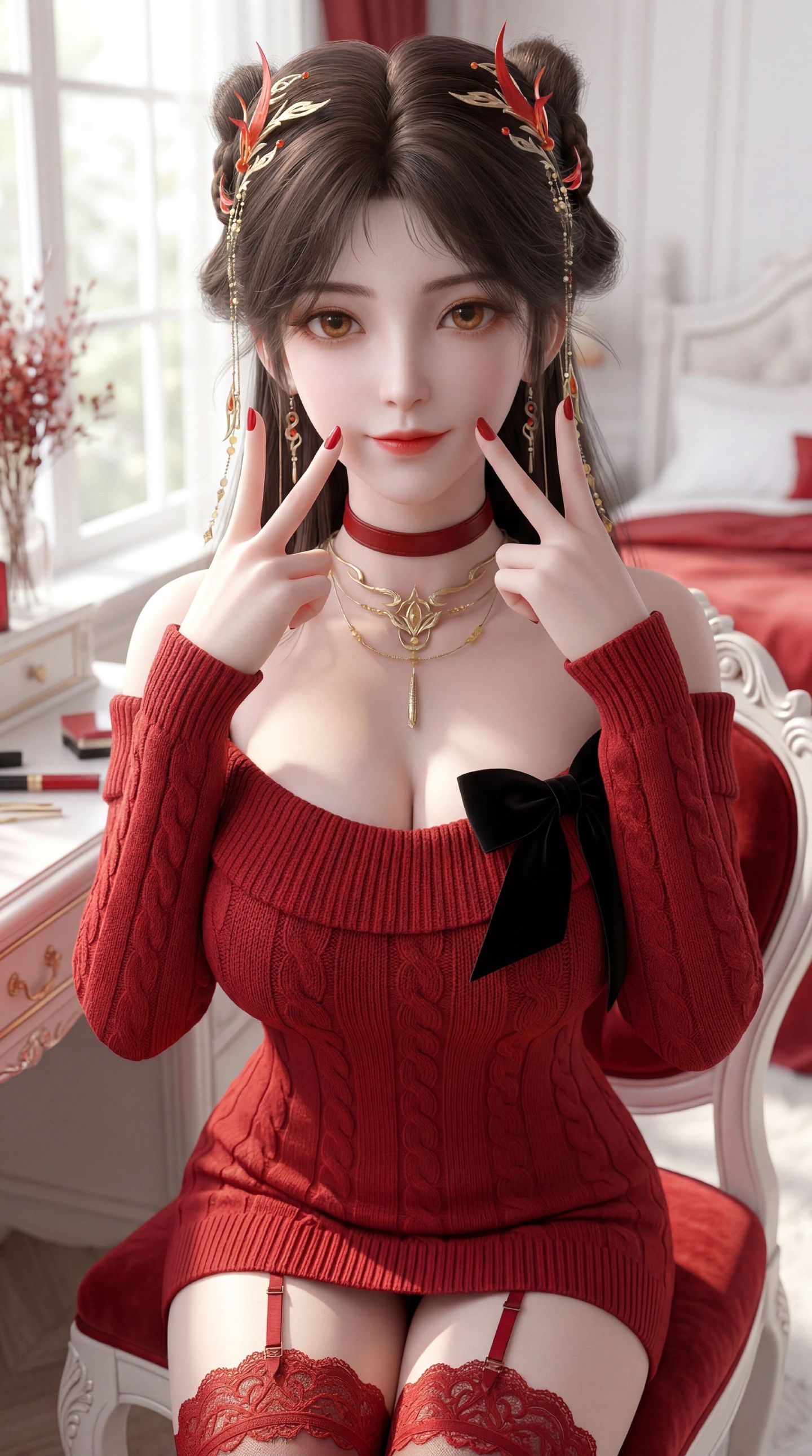 红色穿搭火灵儿 国漫美女 动漫动画完美世界 超高清全面屏壁纸 吊带丝袜,第1张