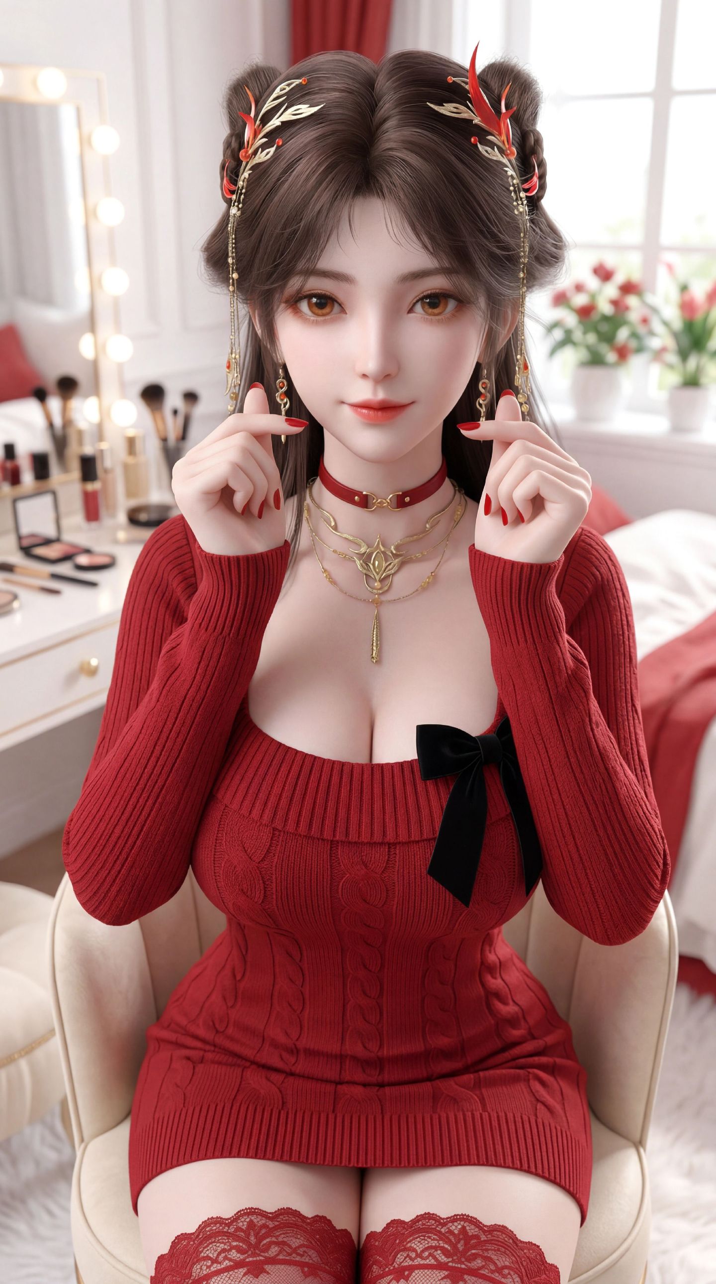 红色穿搭火灵儿 国漫美女 动漫动画完美世界 超高清全面屏壁纸 吊带丝袜,第4张