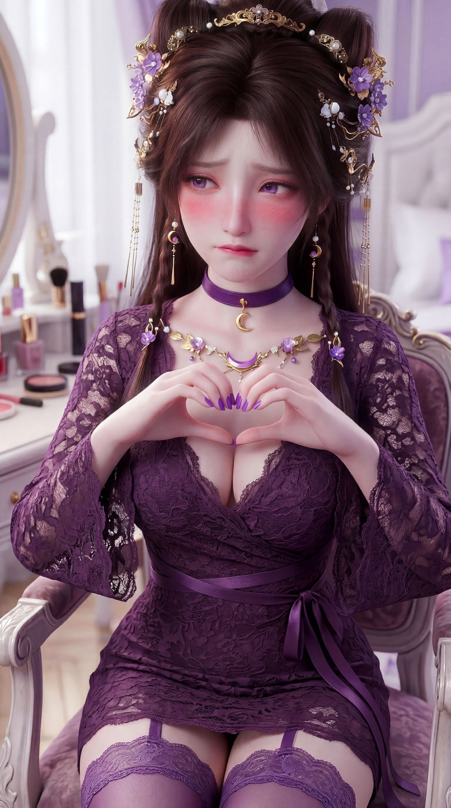 紫色穿搭 可爱害羞版姬紫月 动漫遮天 国漫美女 iPhone全面屏壁纸,第1张