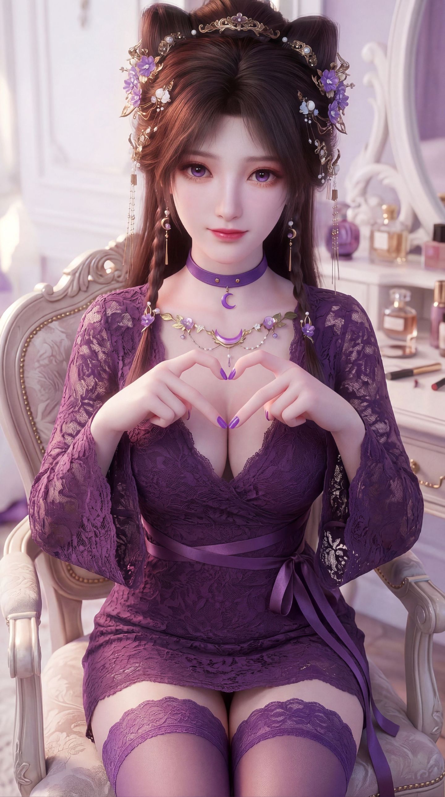 紫色穿搭 可爱害羞版姬紫月 动漫遮天 国漫美女 iPhone全面屏壁纸,第2张