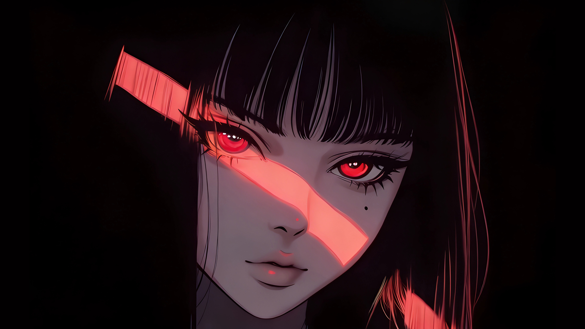 红色眼睛女孩 光影 黑色背景 电脑动漫壁纸,第1张