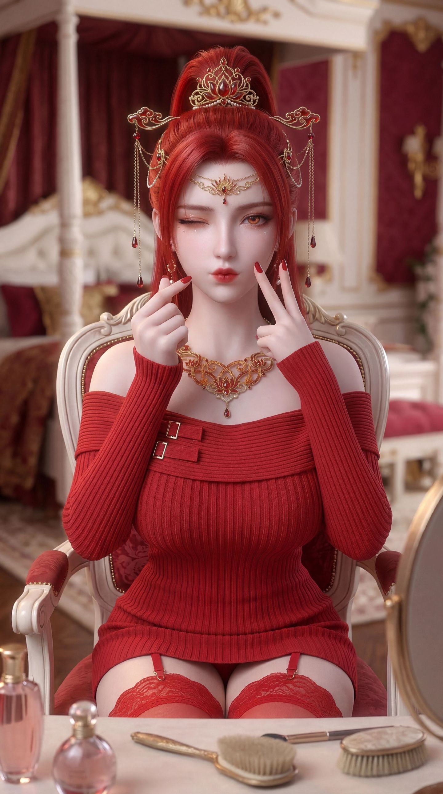 动漫国漫美女美图 红色系壁纸 丹华 蕾丝边吊带丝袜,第2张