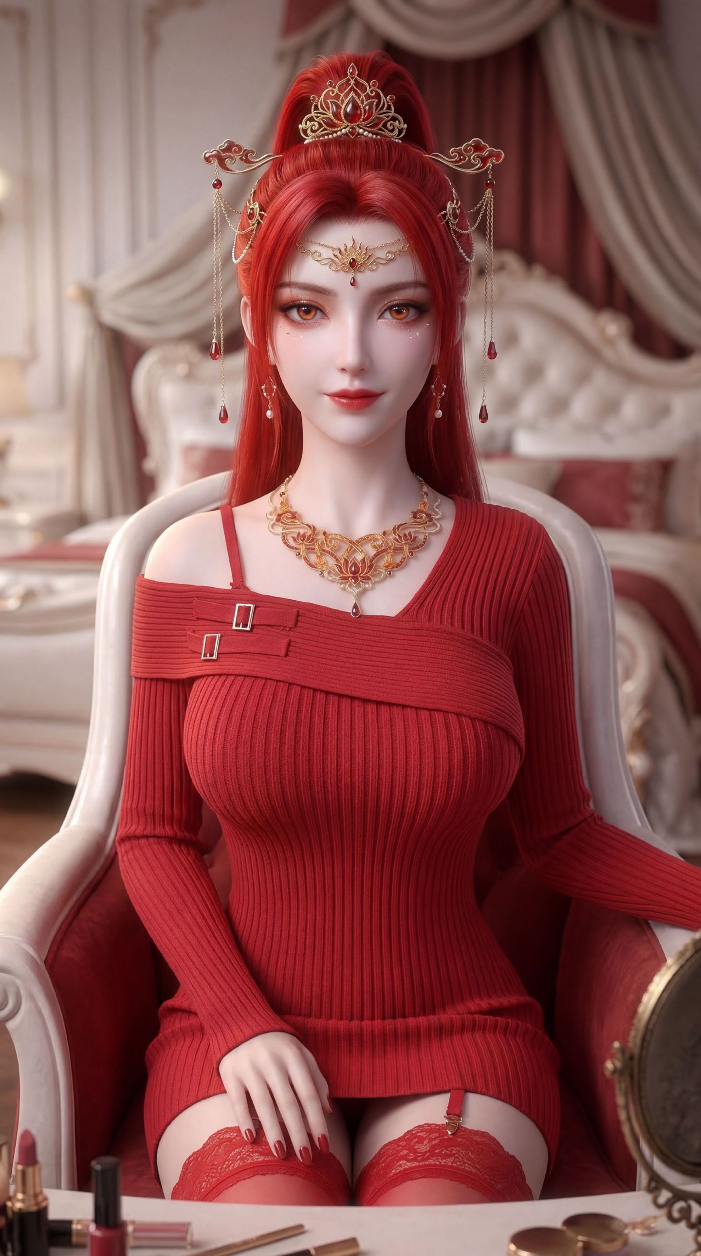 动漫国漫美女美图 红色系壁纸 丹华 蕾丝边吊带丝袜,第4张