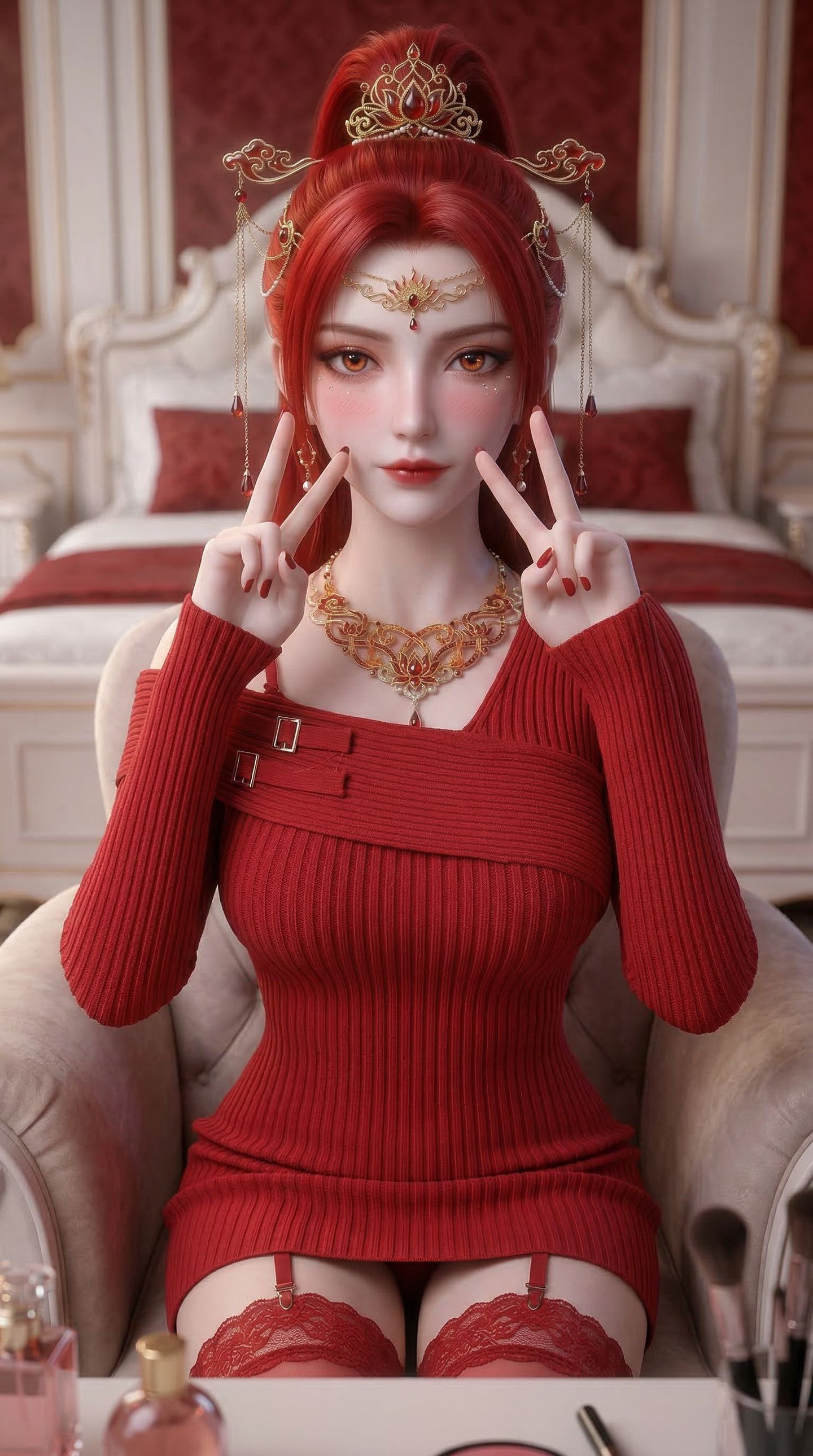 动漫国漫美女美图 红色系壁纸 丹华 蕾丝边吊带丝袜,第3张