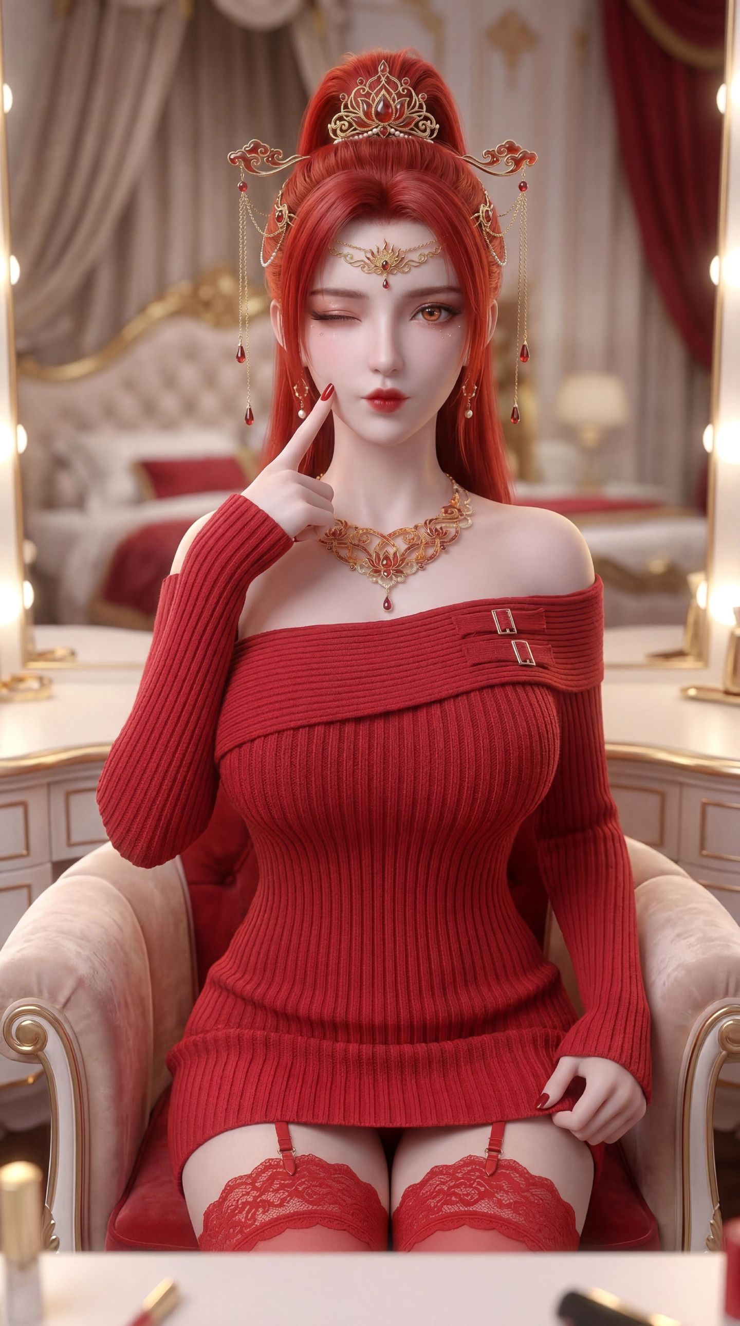 动漫国漫美女美图 红色系壁纸 丹华 蕾丝边吊带丝袜,第6张