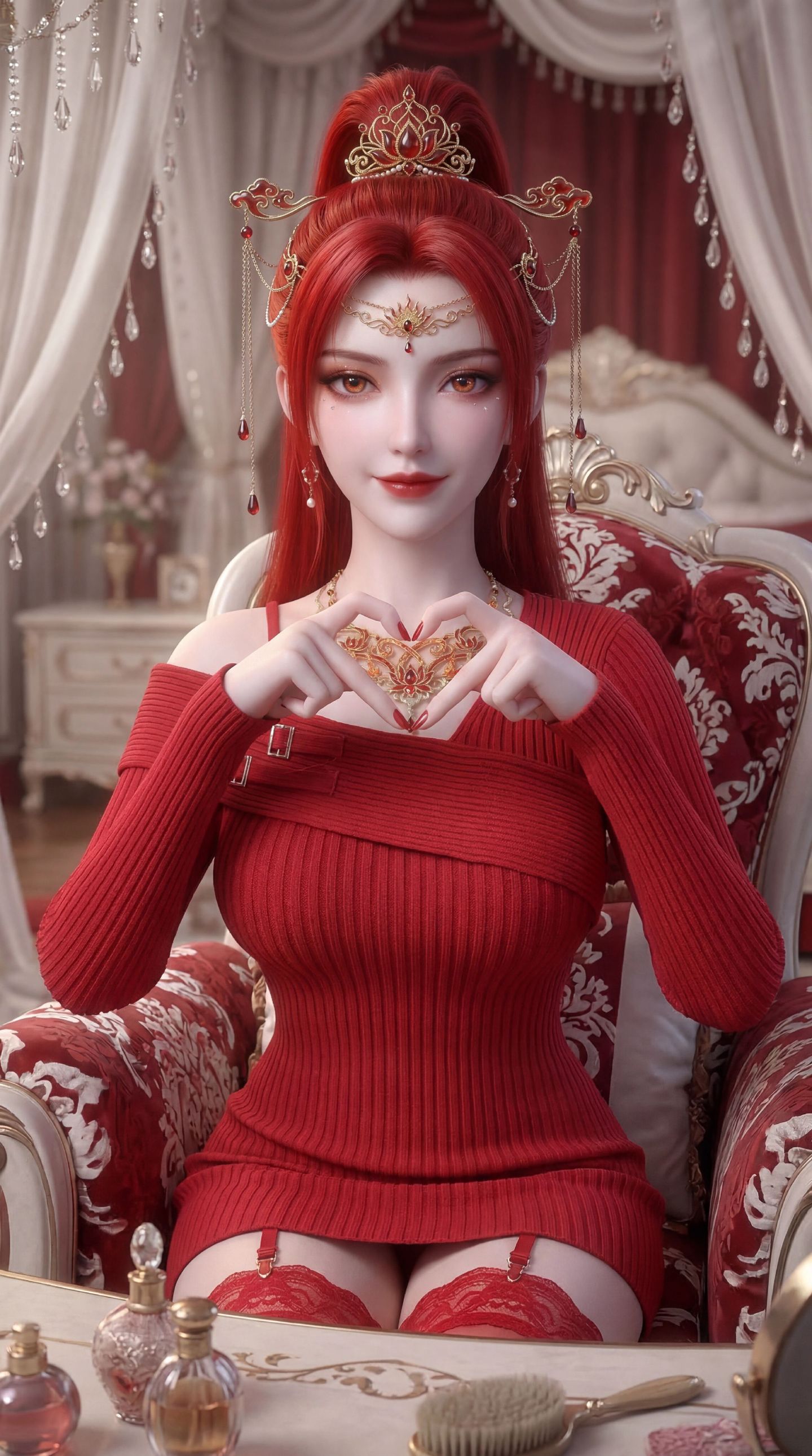 动漫国漫美女美图 红色系壁纸 丹华 蕾丝边吊带丝袜,第5张