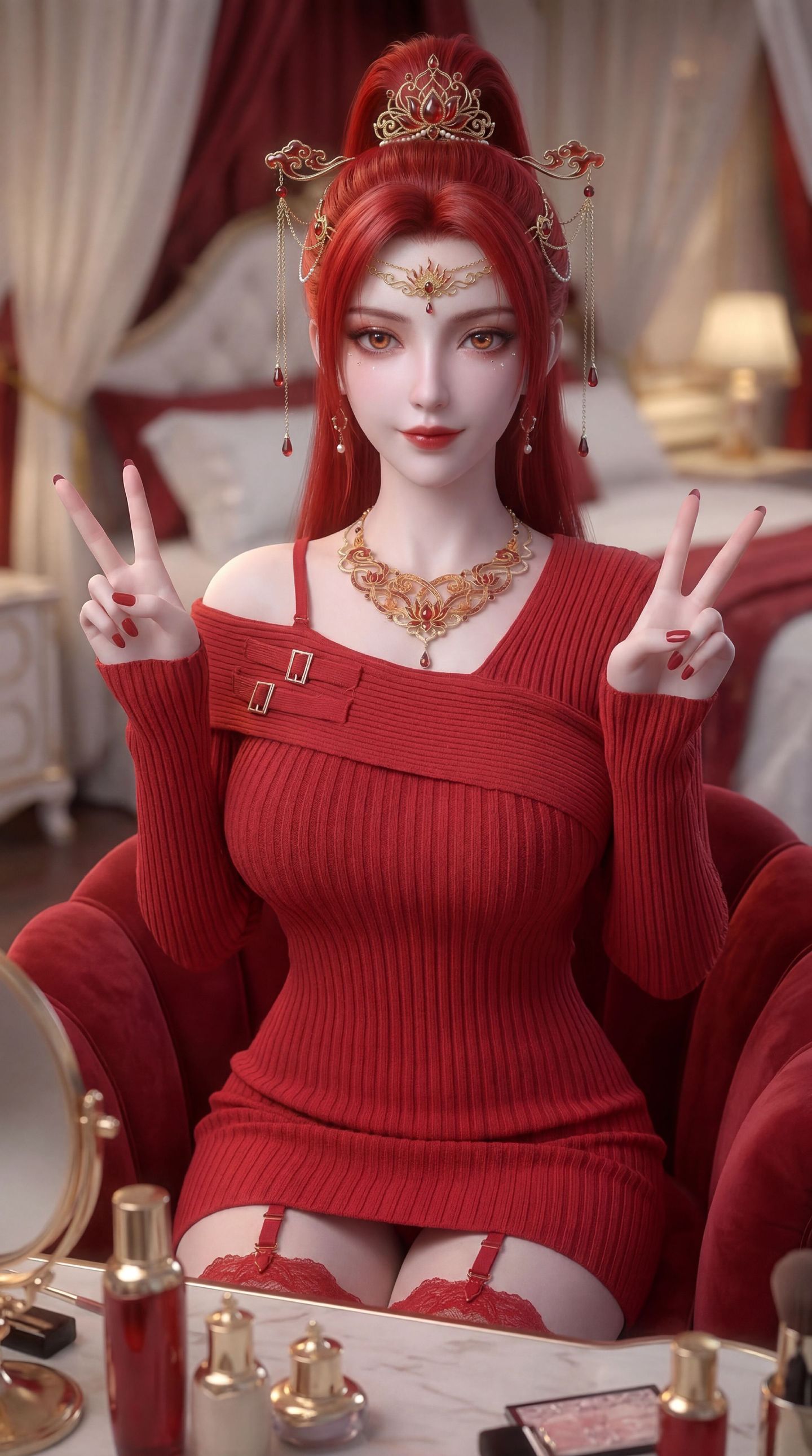 动漫国漫美女美图 红色系壁纸 丹华 蕾丝边吊带丝袜,第7张