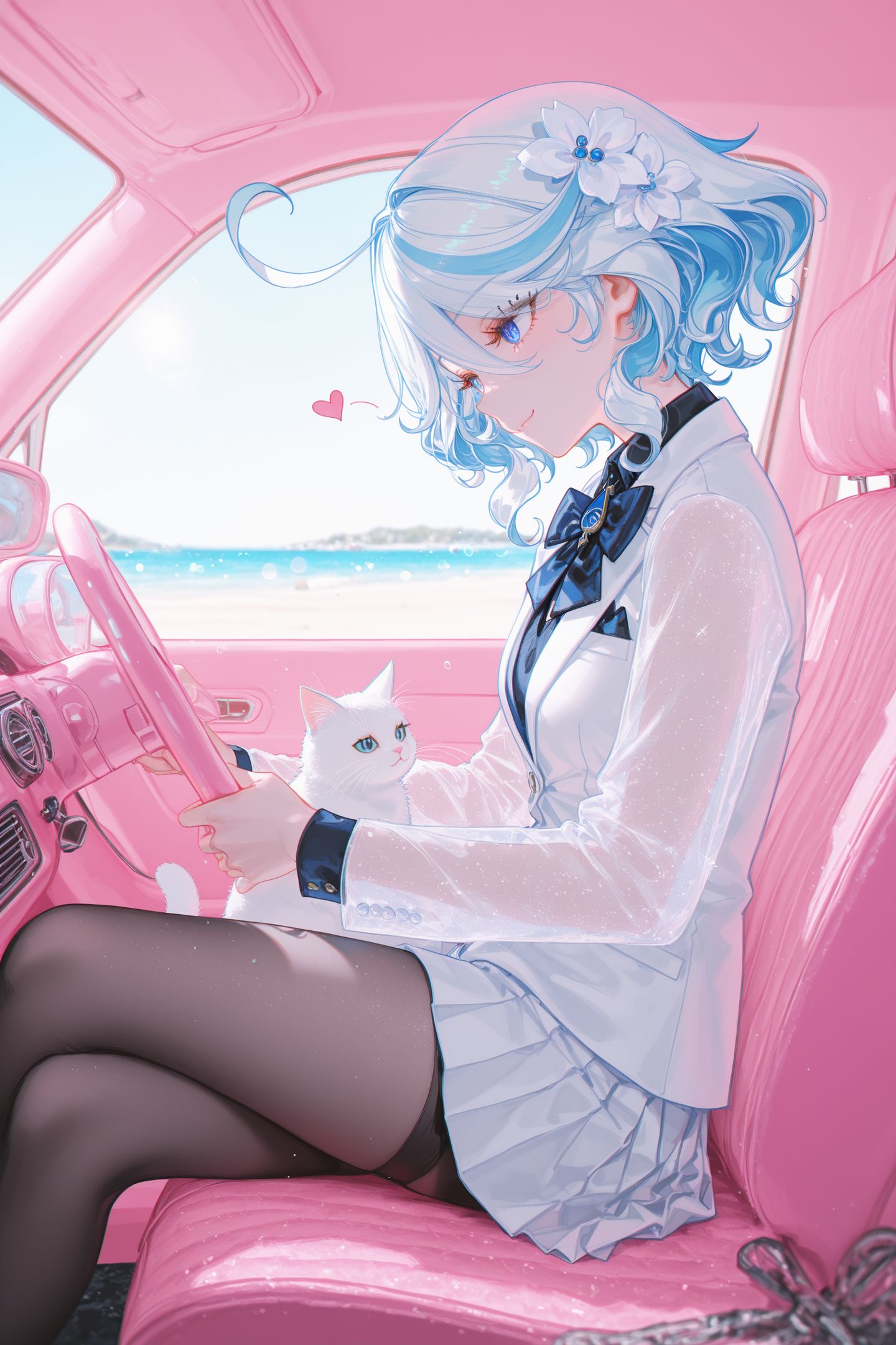 开着粉色车车，带上猫猫去海滩 同人图 原神,第2张