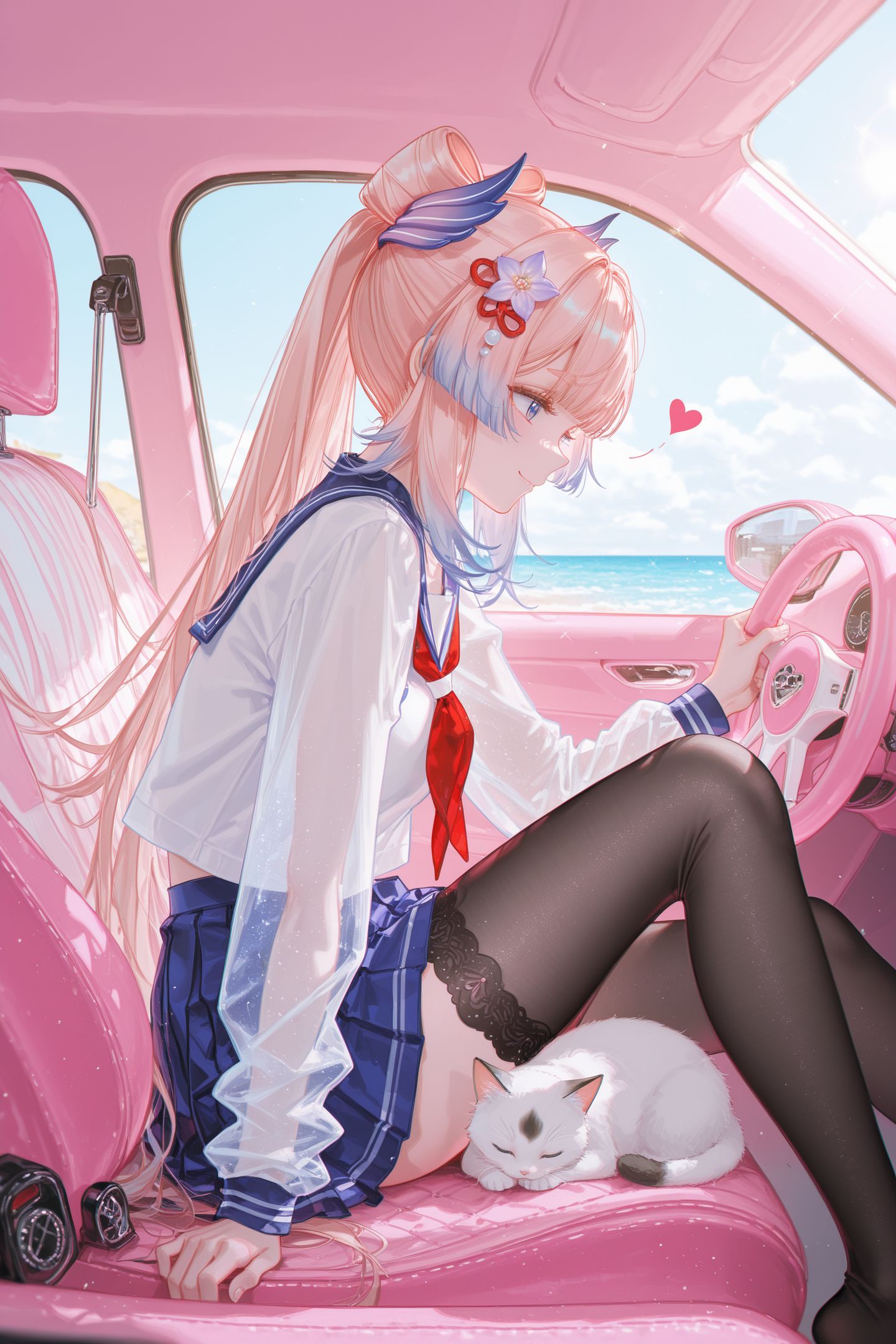 开着粉色车车，带上猫猫去海滩 同人图 原神,第3张