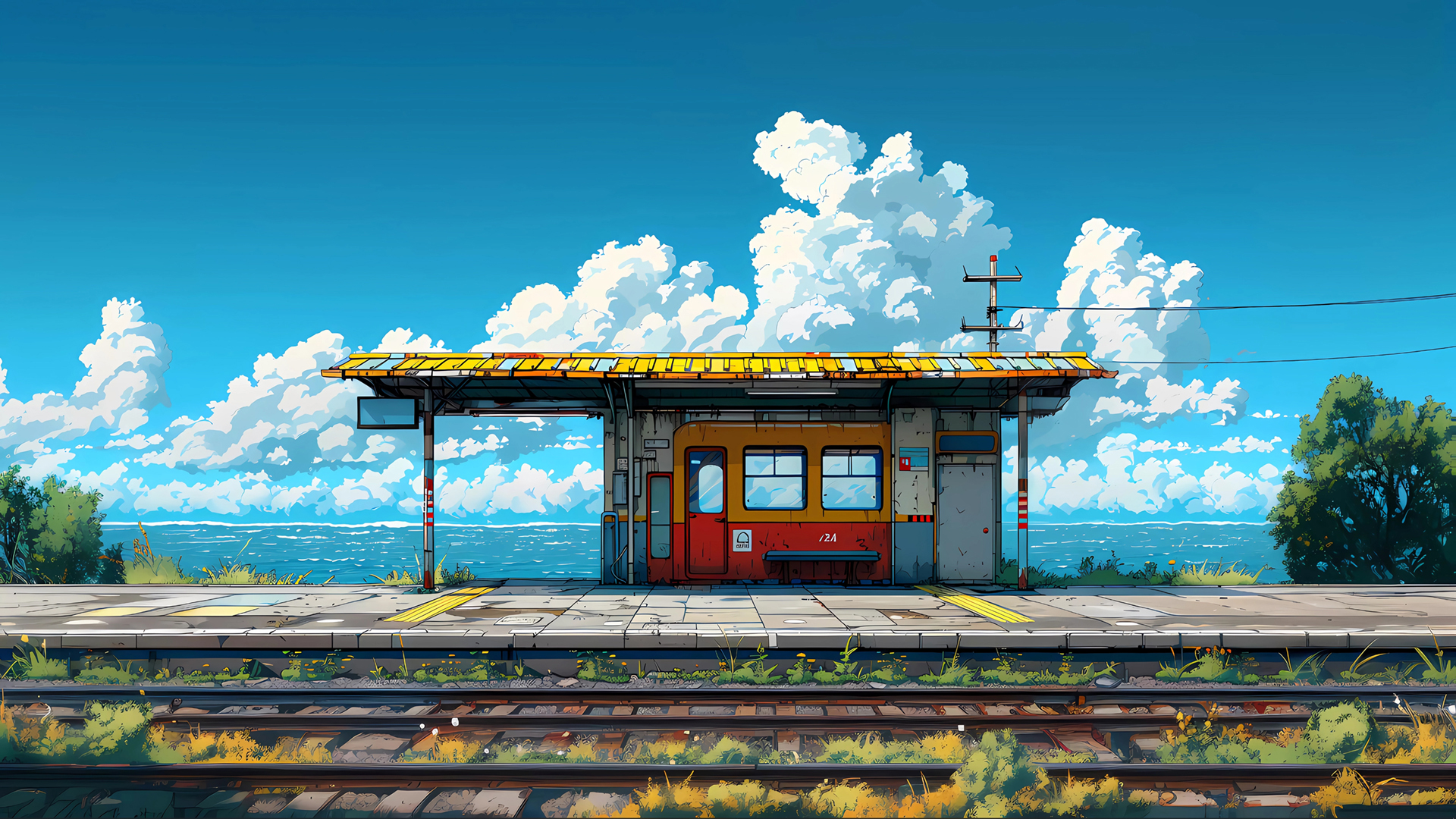 海边小站 风景绘画桌面壁纸,第1张