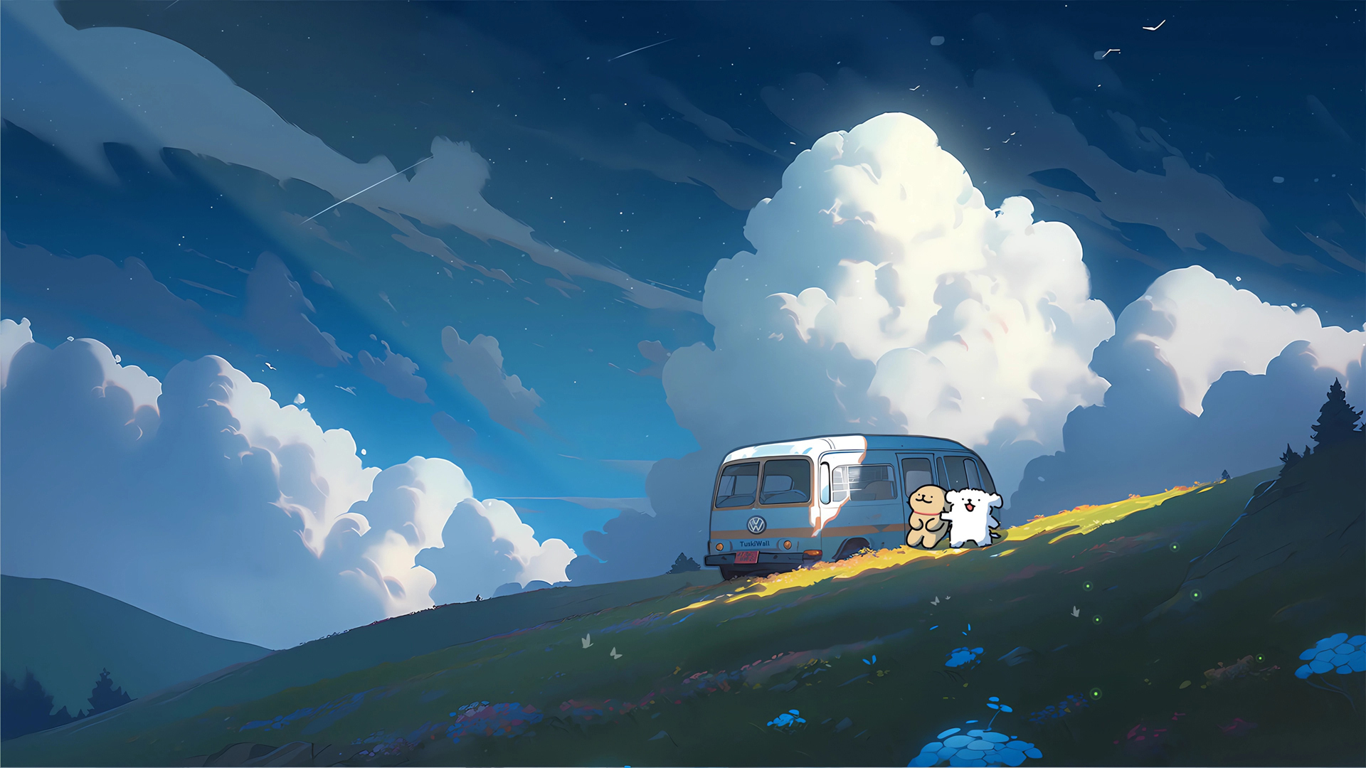 云朵 旷野郊游 线条小狗高清电脑壁纸全屏,第1张