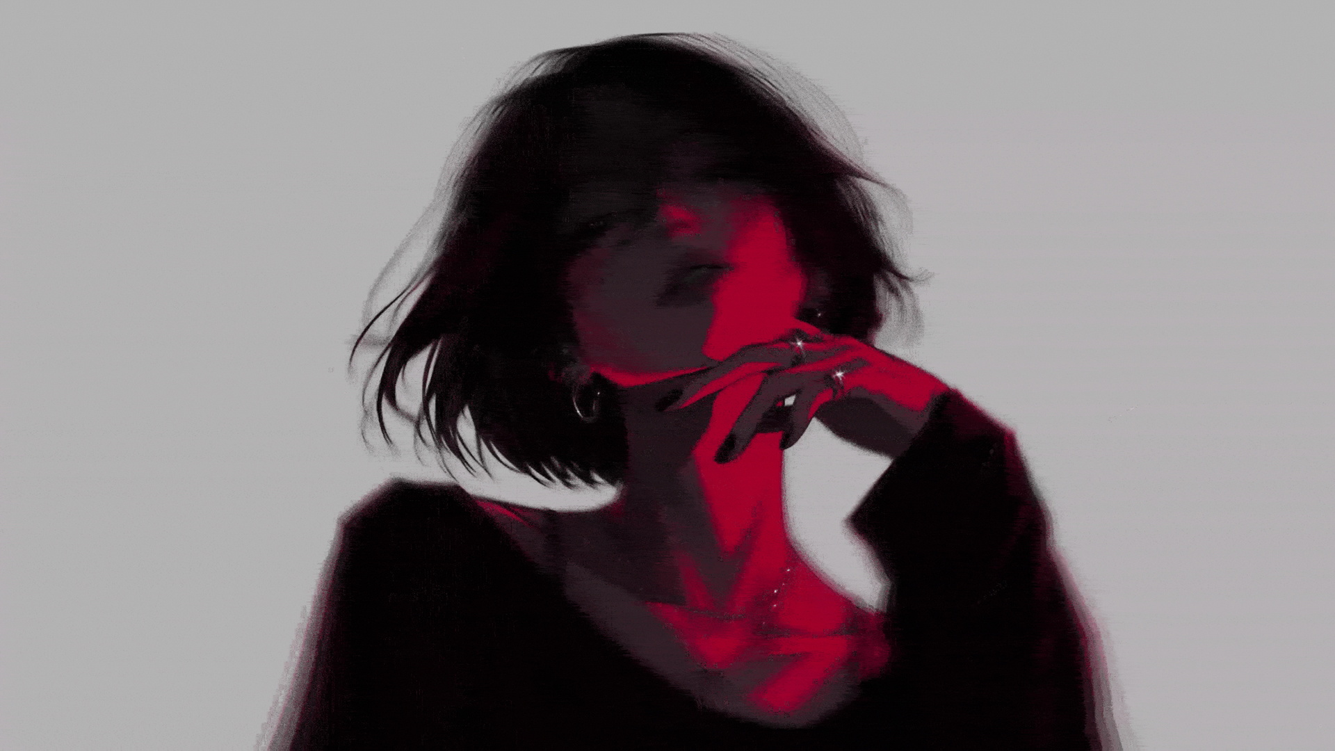 短发气势美女 黑红风 简单灰色背景 动漫电脑壁纸,第1张