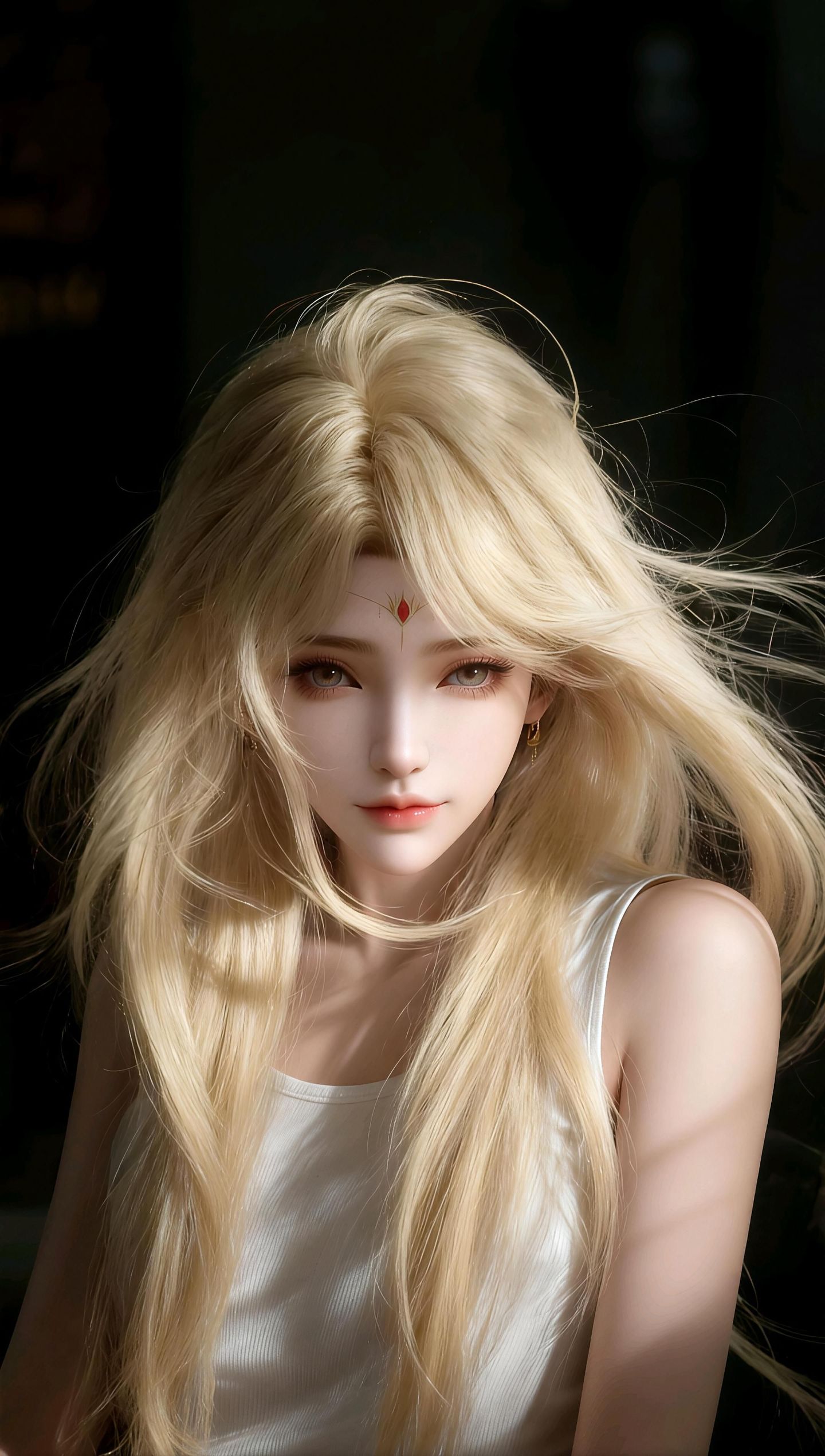 AI写实 黄色长头发美女 黑色背景 手机锁屏背景壁纸,第1张