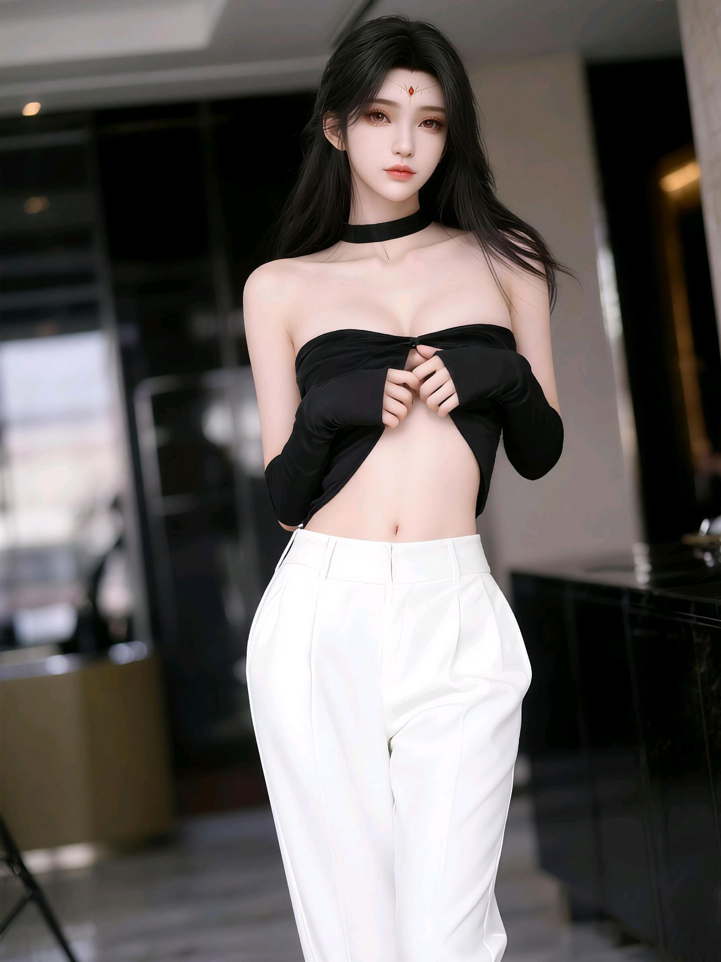 AI写实 黄色长头发美女 黑色背景 手机锁屏背景壁纸,第3张