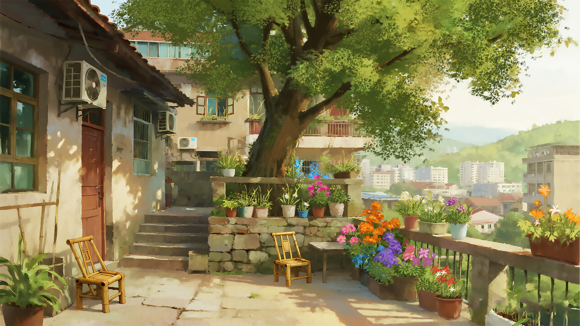 院子 小屋 树下 鲜花 绘画风景桌面壁纸,第1张