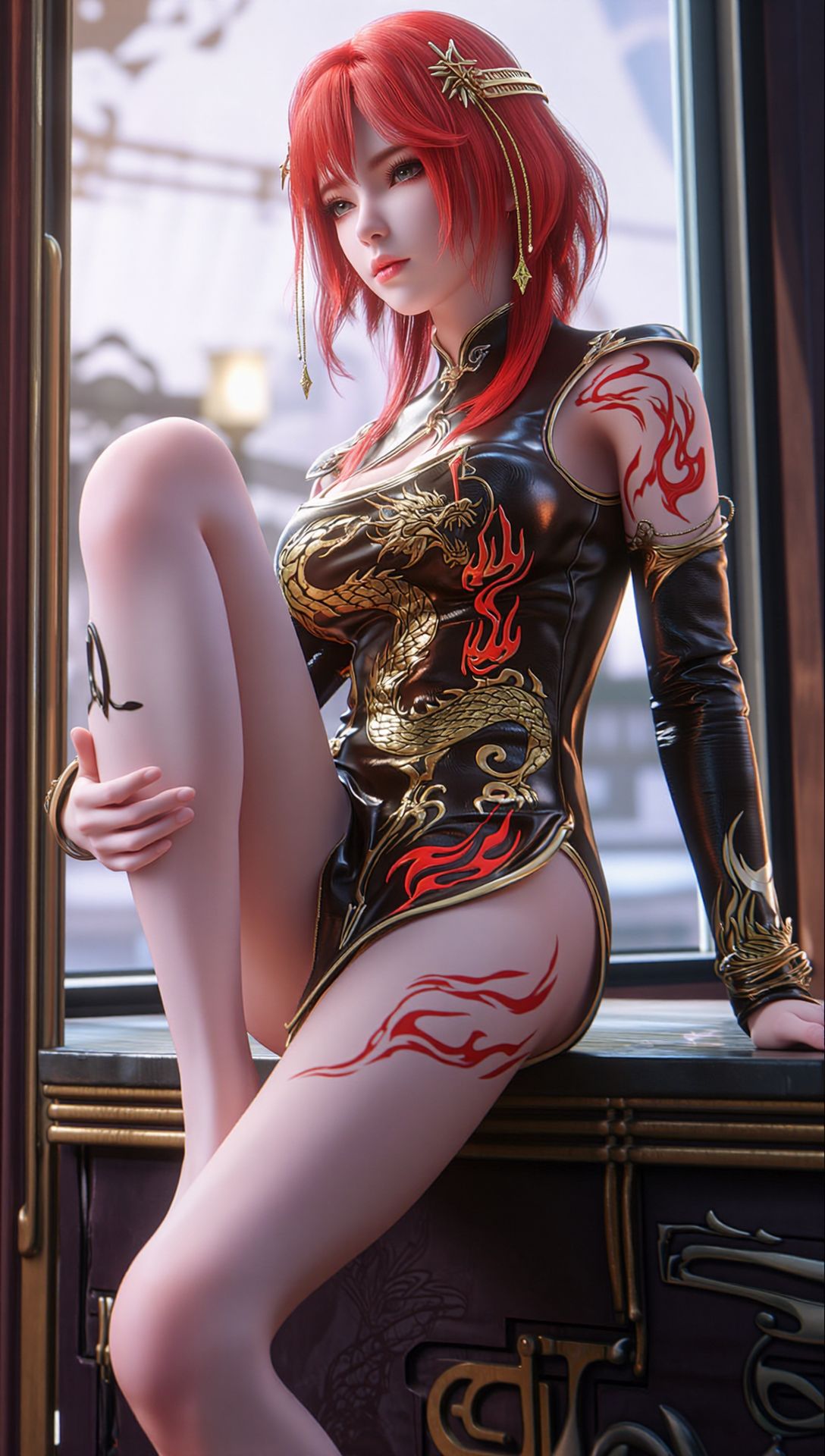 超高清 百炼成神 朱绾 红发黑金旗袍 国漫壁纸分享 性感动漫角色,第2张