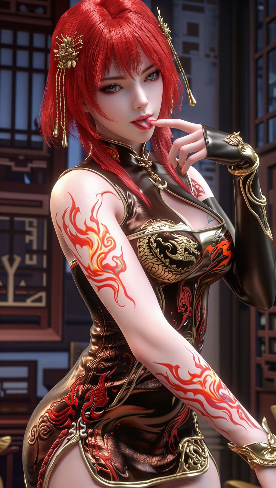 超高清 百炼成神 朱绾 红发黑金旗袍 国漫壁纸分享 性感动漫角色,第5张