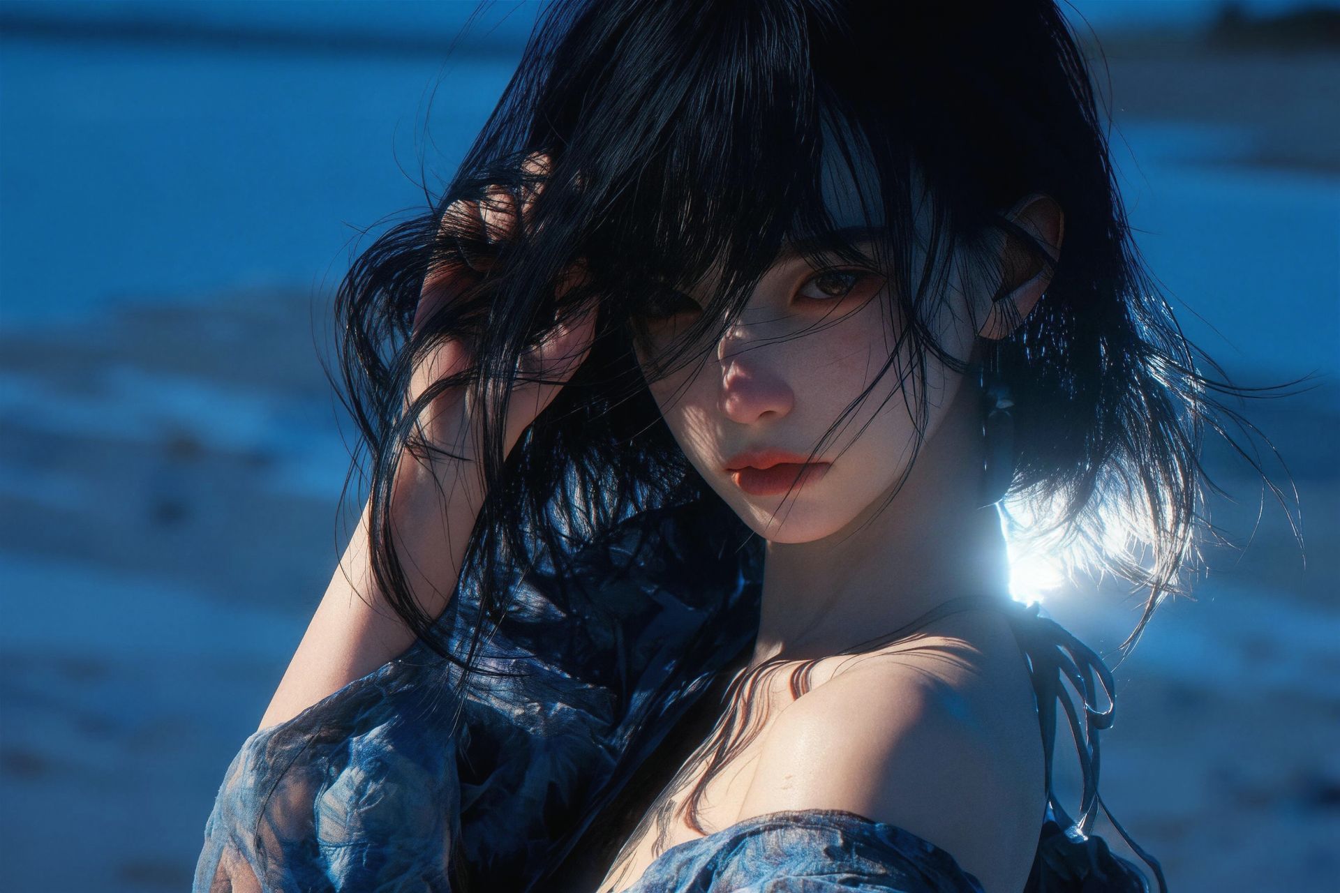 唯美电脑壁纸 摄影光影 蓝色调 海滩美女 平板桌面,第1张