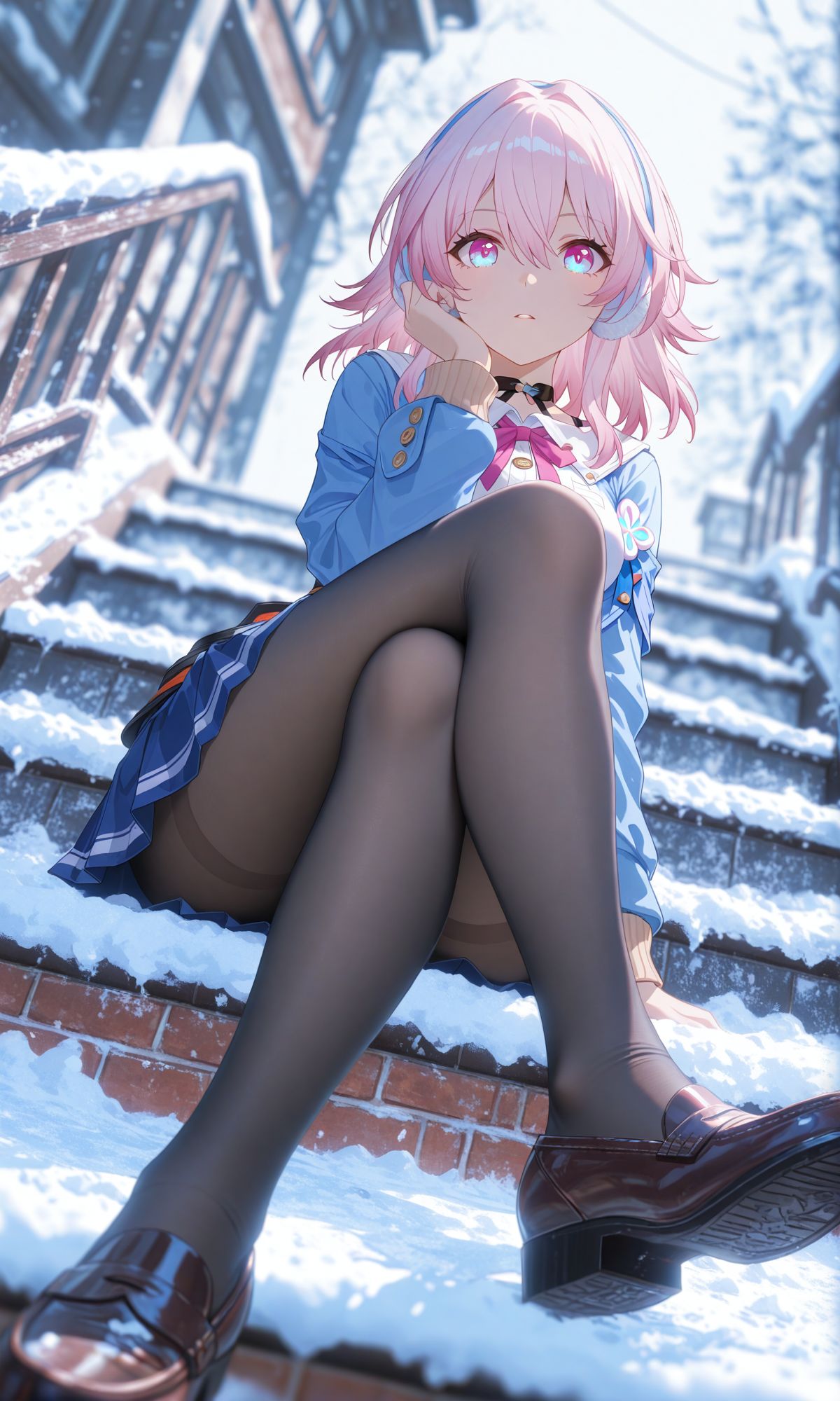 二次元游戏美女 崩坏星穹铁道 黑丝裙子皮鞋大长腿 雪景楼梯,第4张