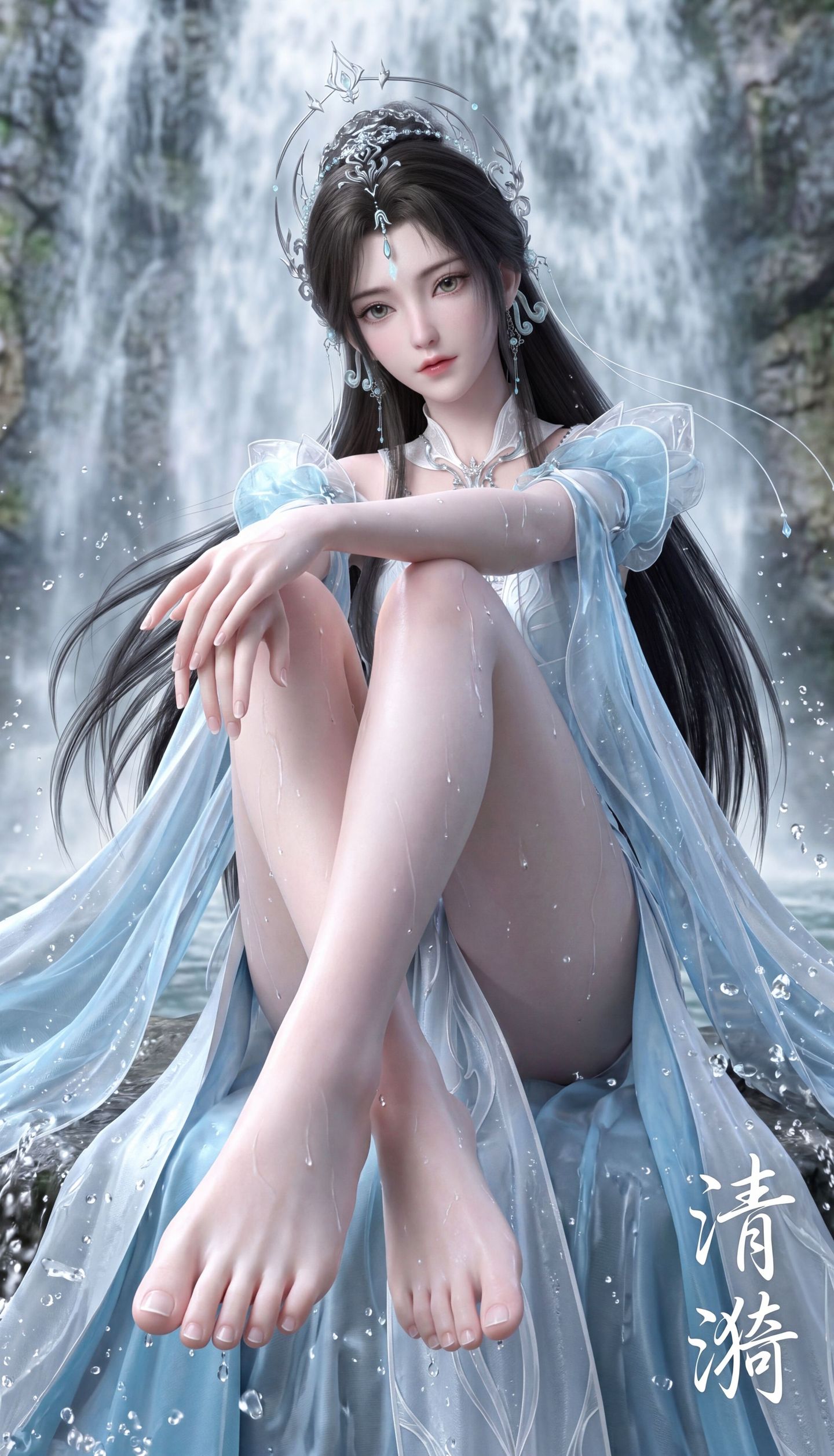 风景瀑布 完美世界 清漪 二次元 古风美女 动漫女孩,第2张