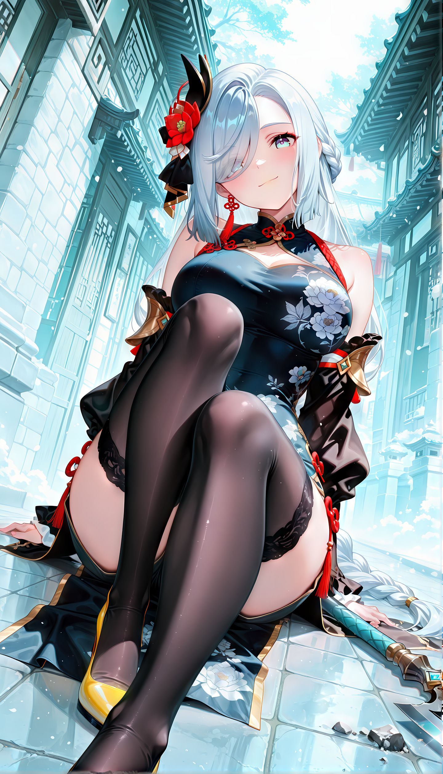 申鹤 原神 游戏同人AI二创 黑丝过膝袜 二次元美女大长腿,第1张
