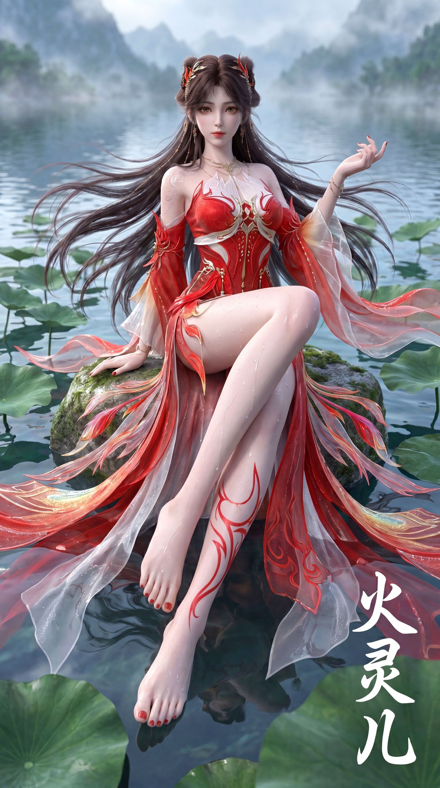 动画完美世界 火灵儿 湖中 青石 荷叶 国漫女神 大长腿动漫美女,第1张