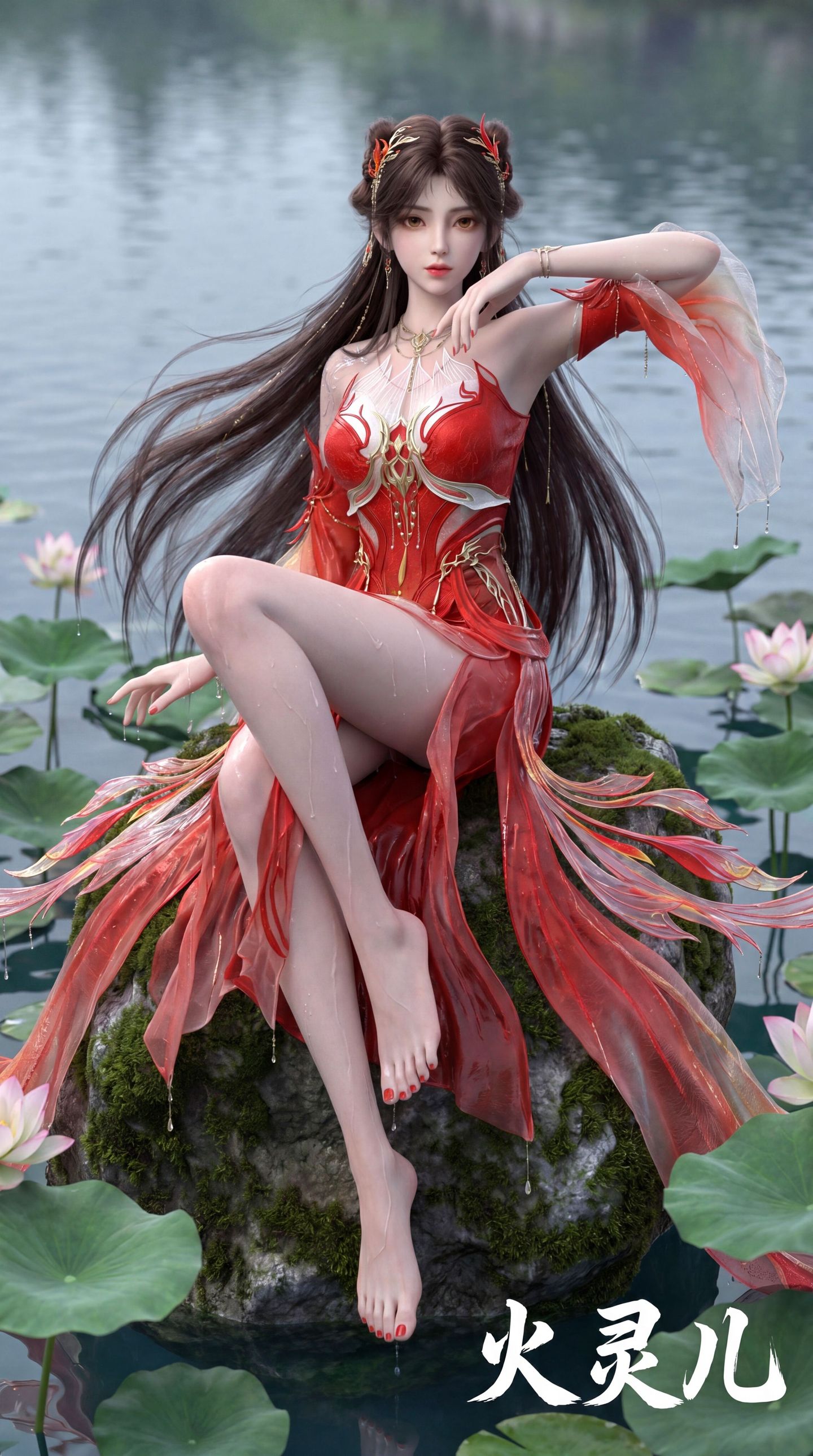 动画完美世界 火灵儿 湖中 青石 荷叶 国漫女神 大长腿动漫美女,第4张