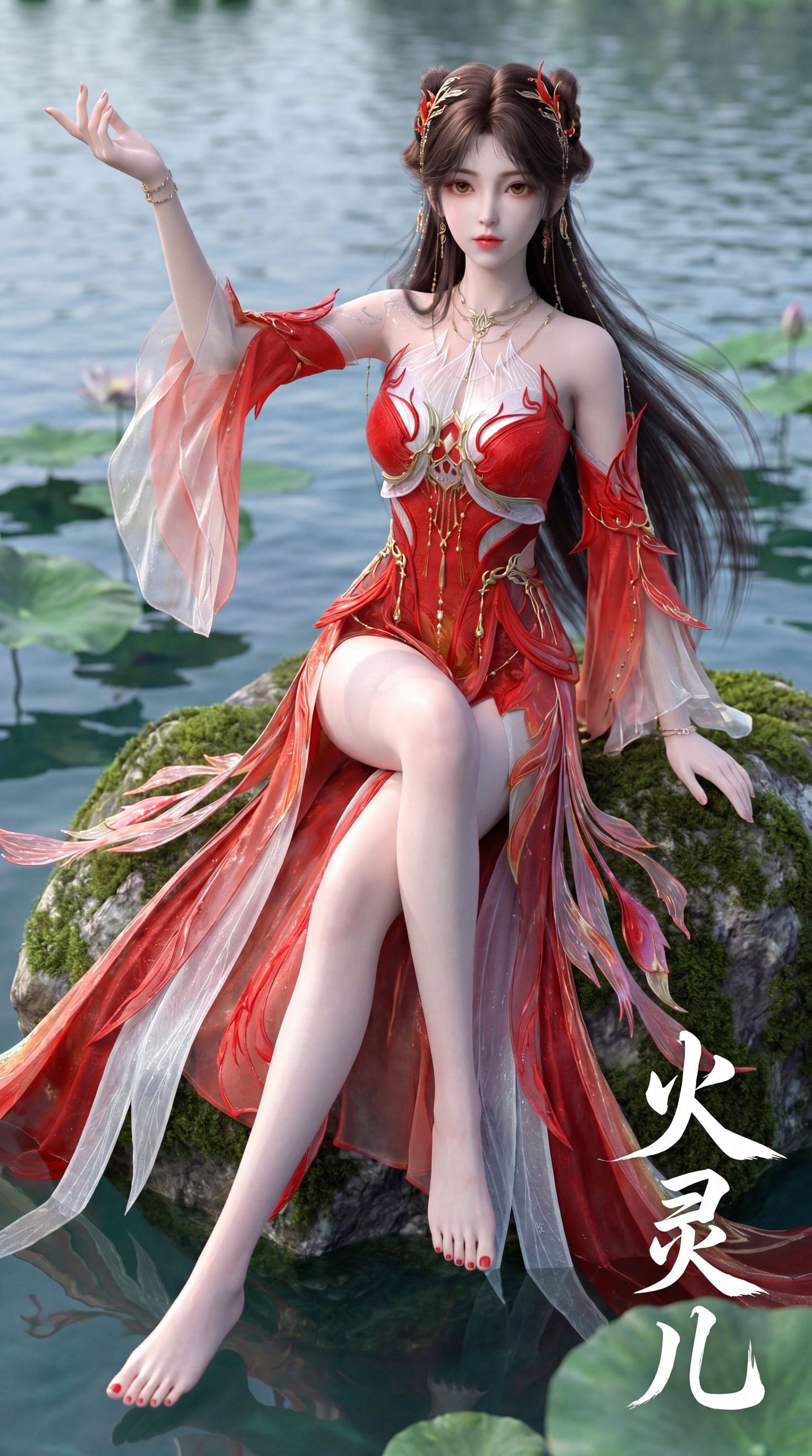 动画完美世界 火灵儿 湖中 青石 荷叶 国漫女神 大长腿动漫美女,第3张