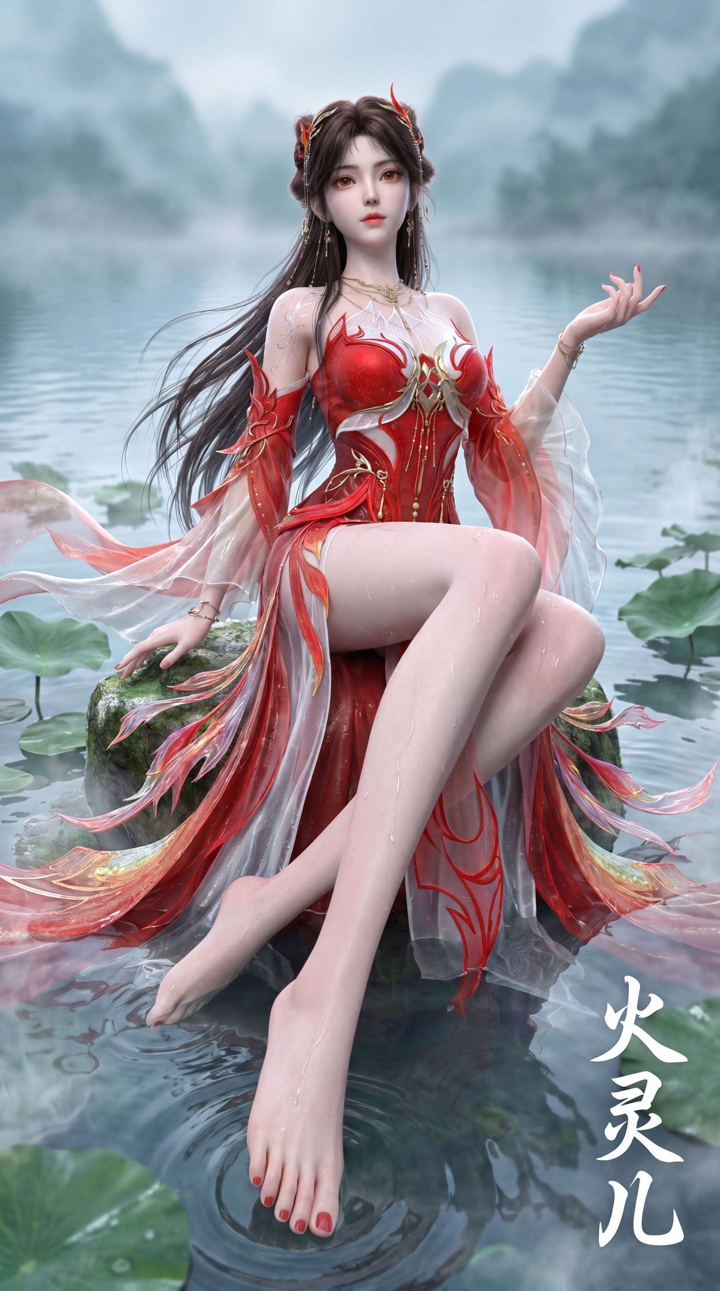 动画完美世界 火灵儿 湖中 青石 荷叶 国漫女神 大长腿动漫美女,第5张