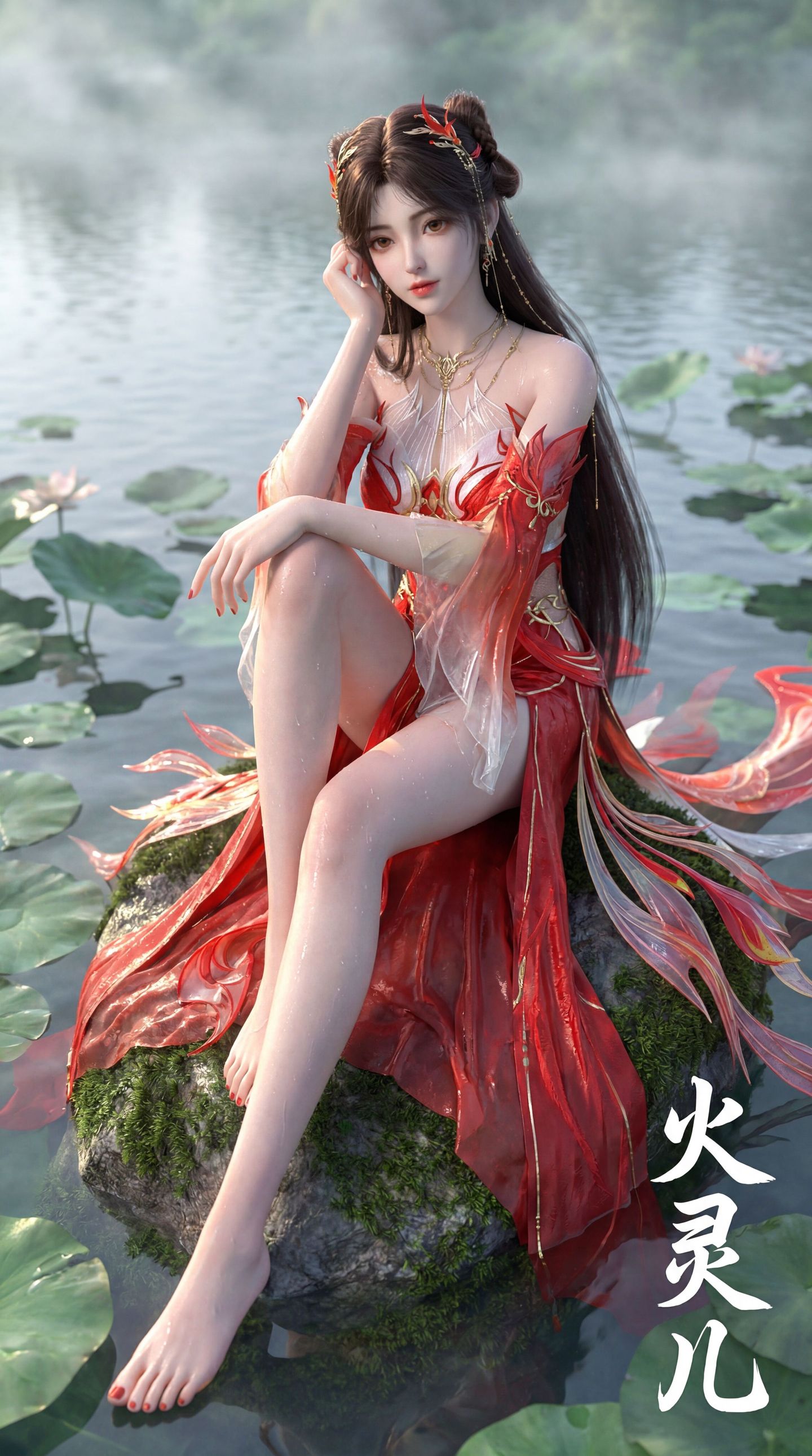 动画完美世界 火灵儿 湖中 青石 荷叶 国漫女神 大长腿动漫美女,第7张