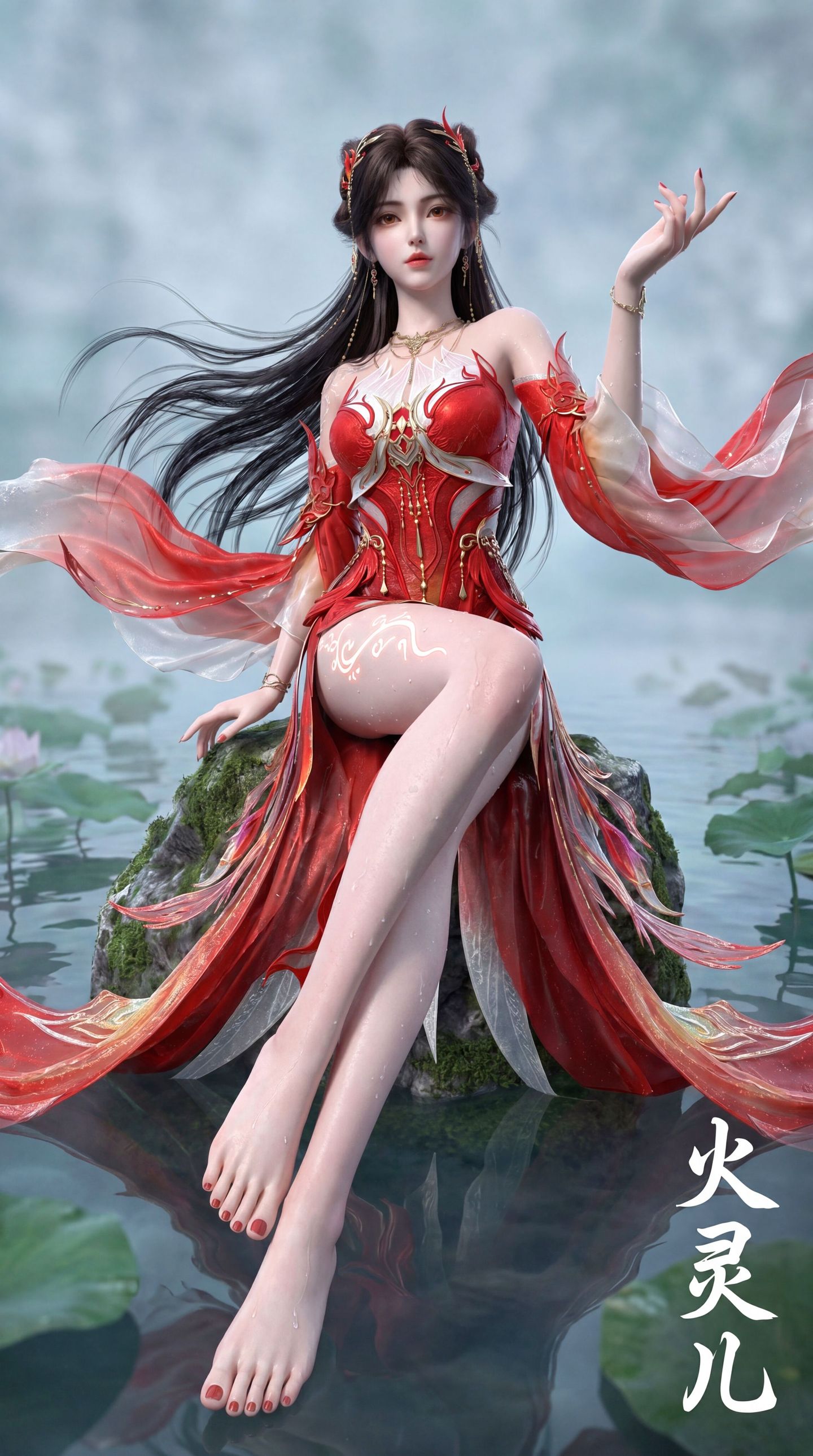 动画完美世界 火灵儿 湖中 青石 荷叶 国漫女神 大长腿动漫美女,第8张