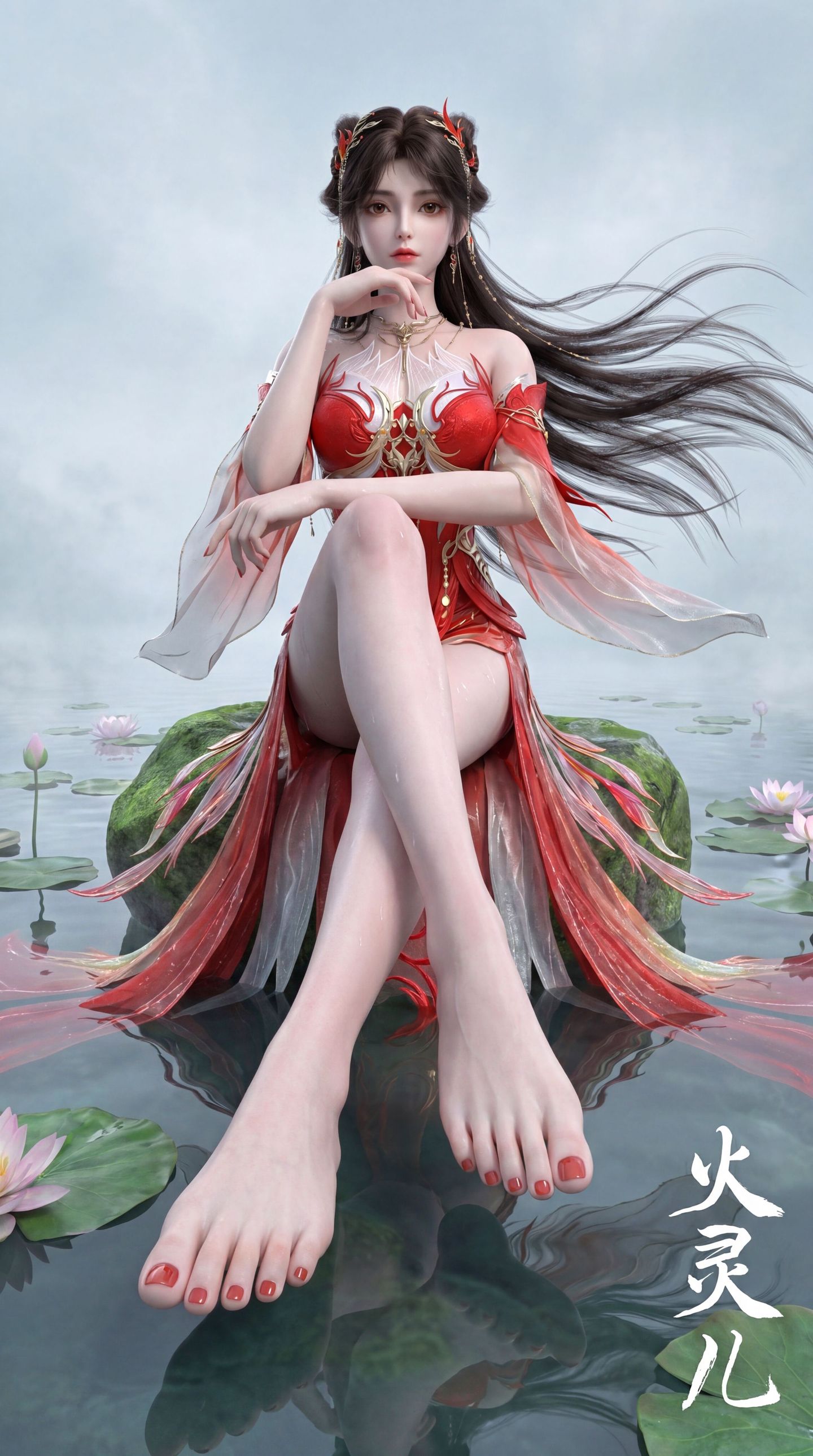 动画完美世界 火灵儿 湖中 青石 荷叶 国漫女神 大长腿动漫美女,第6张