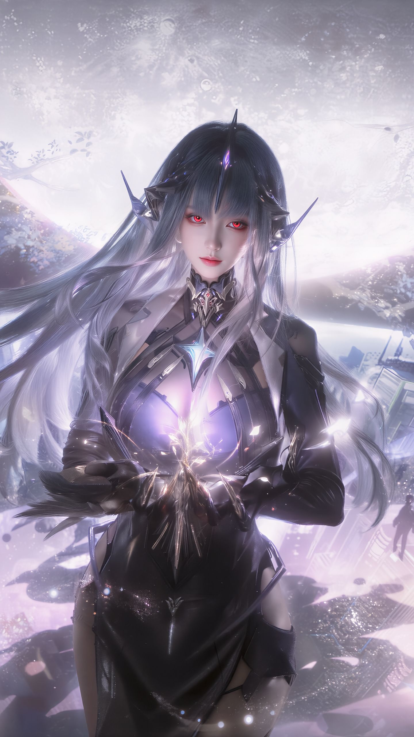 游戏美女 2K超高清壁纸 机械未来风格 红色瞳孔美瞳,第1张