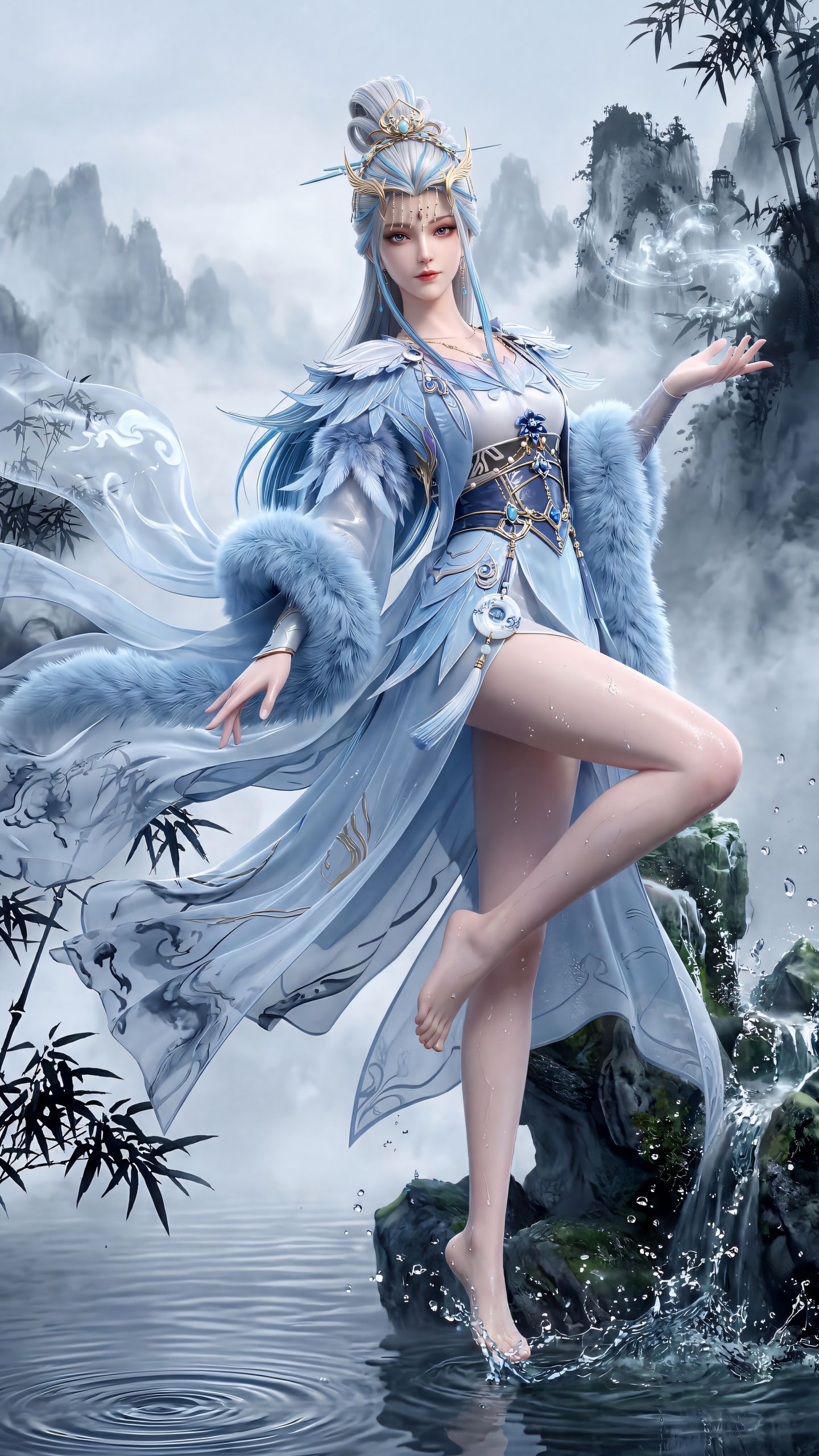 反差感拉满 百炼成神 殷稚 国漫壁纸 动漫美女 大长腿 山水画水墨背景,第1张
